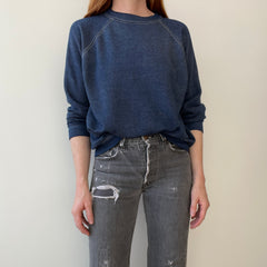 1970s Contrast Stitch Heather Blue Destroyed Raglan Sweatshirt