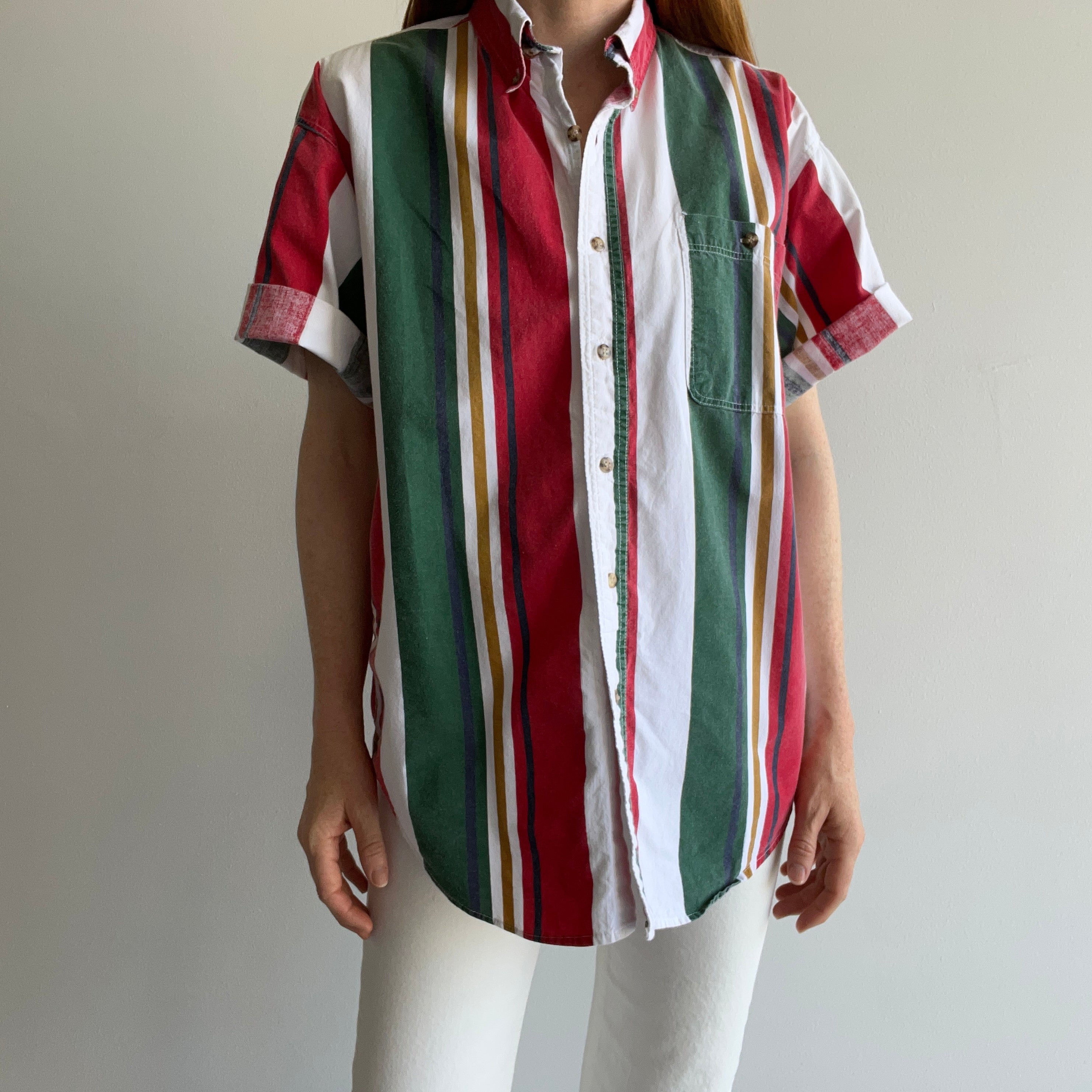 1990s Cotton Short Sleeve Button Down Vertical Stripe Shirt