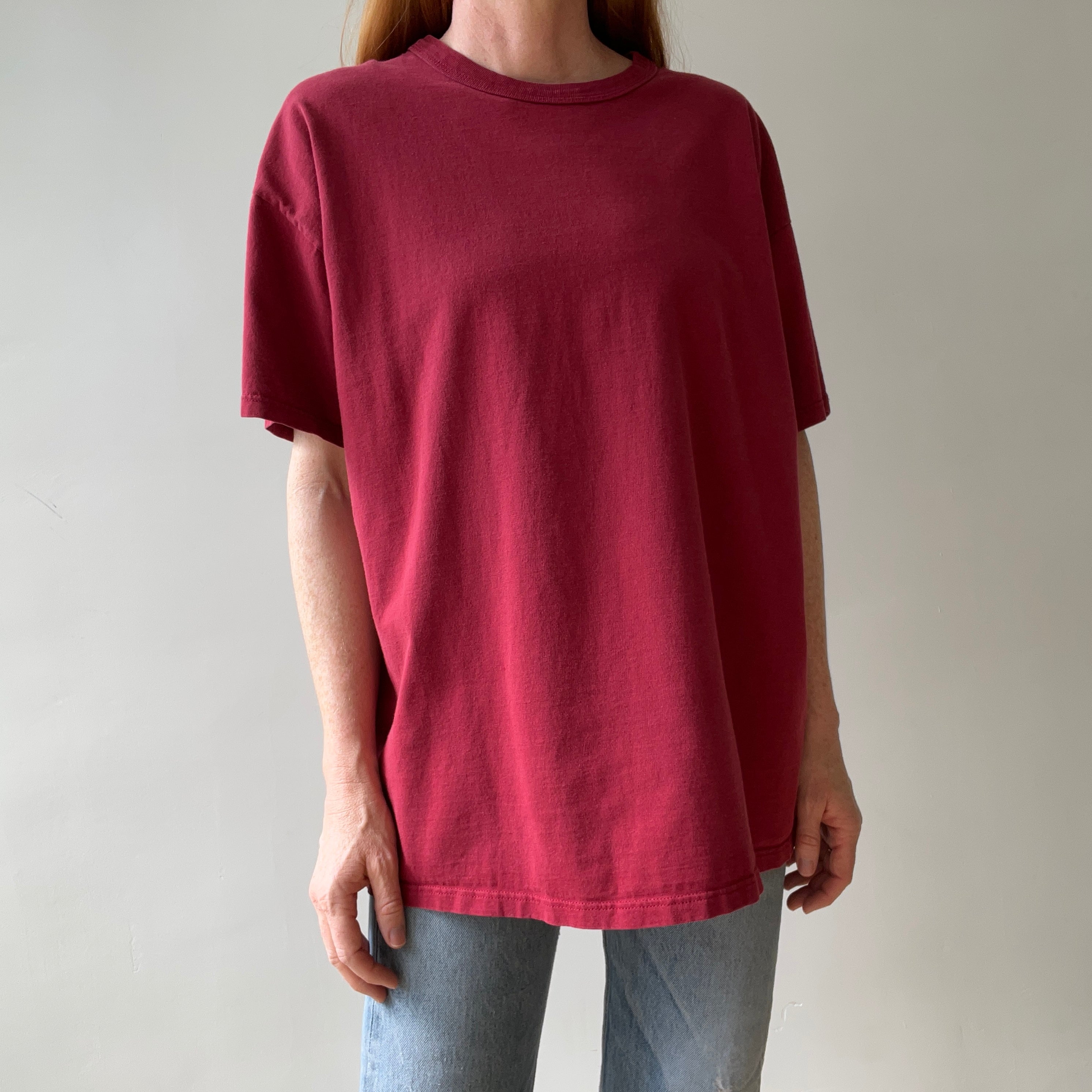 1990s Blank Burgundy Russell T Shirt - Rolled Neck - Classic