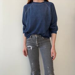 1970s Contrast Stitch Heather Blue Destroyed Raglan Sweatshirt