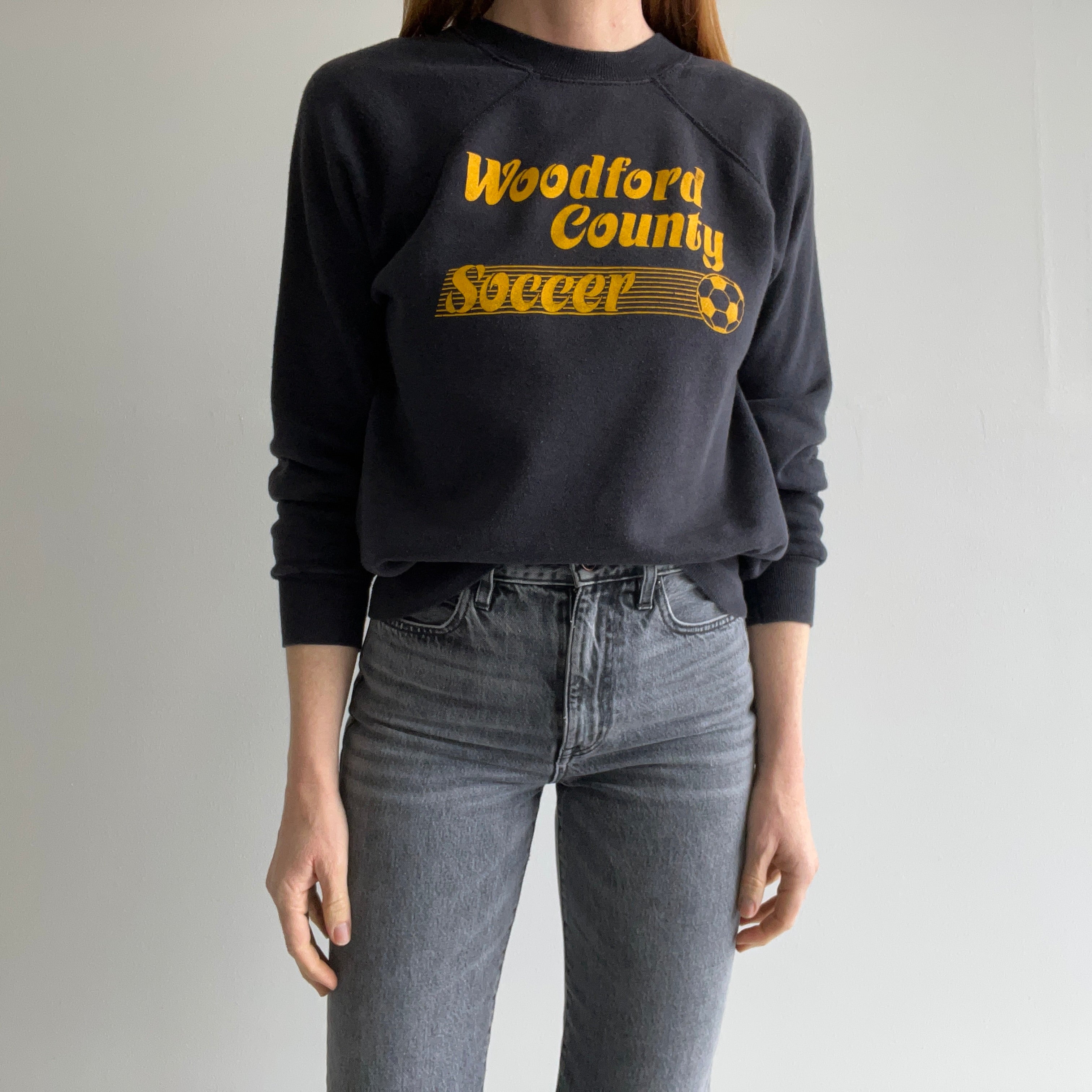 1980s Woodford County Soccer Smaller Faded Black Sweatshirt