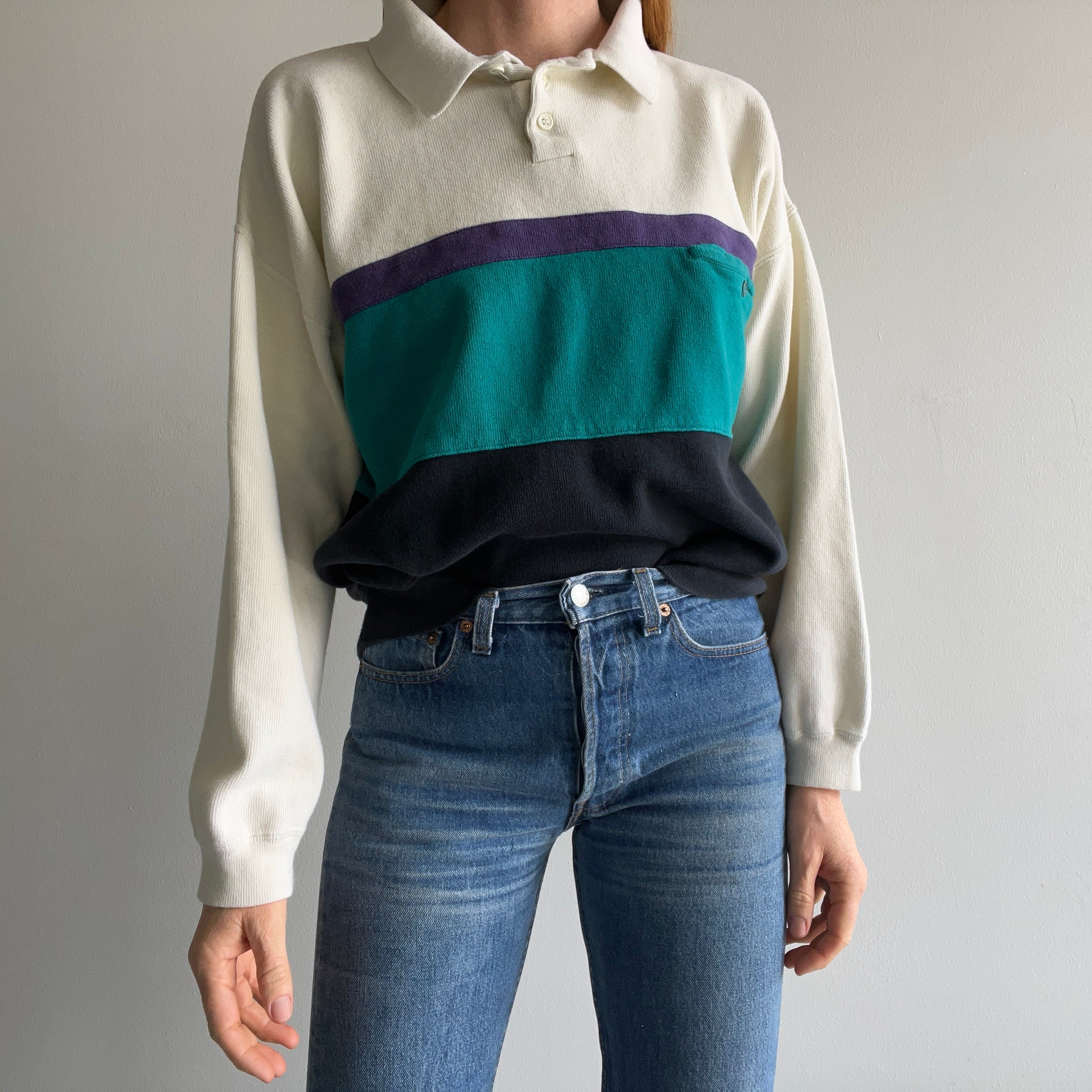 1990s !!!!!!!!!! Cotton Knit Collared Color Block Sweater/Sweatshirt