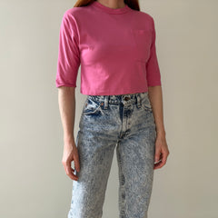 1980s Cropped Bubblegum Pink Tapered 1/2 Sleeve T-Shirt with Some Faint Staining and Wear