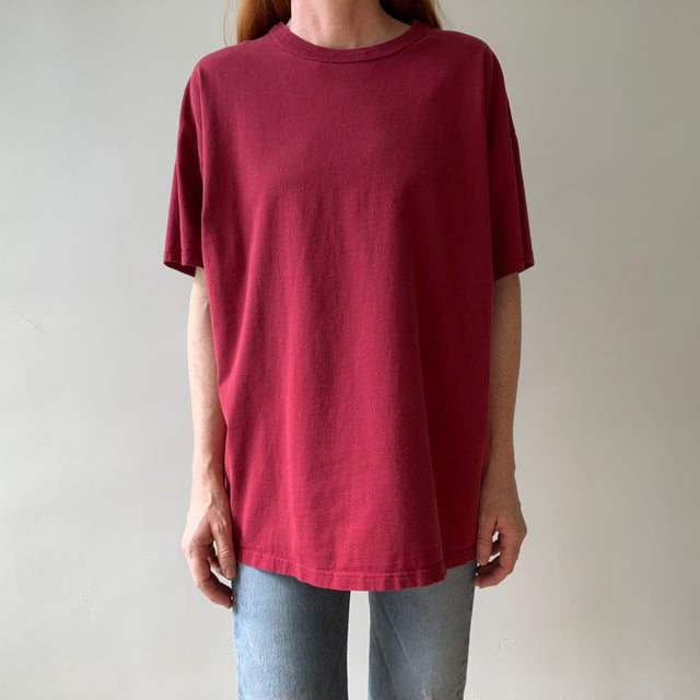 1990s Blank Burgundy Russell T Shirt - Rolled Neck - Classic