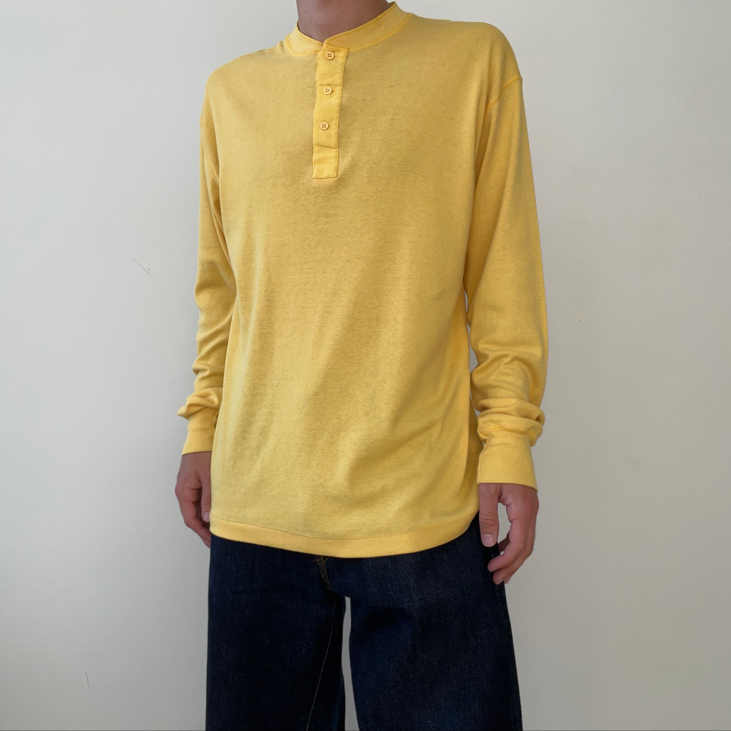 1980s Pastel Yellow Henley Long Sleeve T Shirt - !!!!