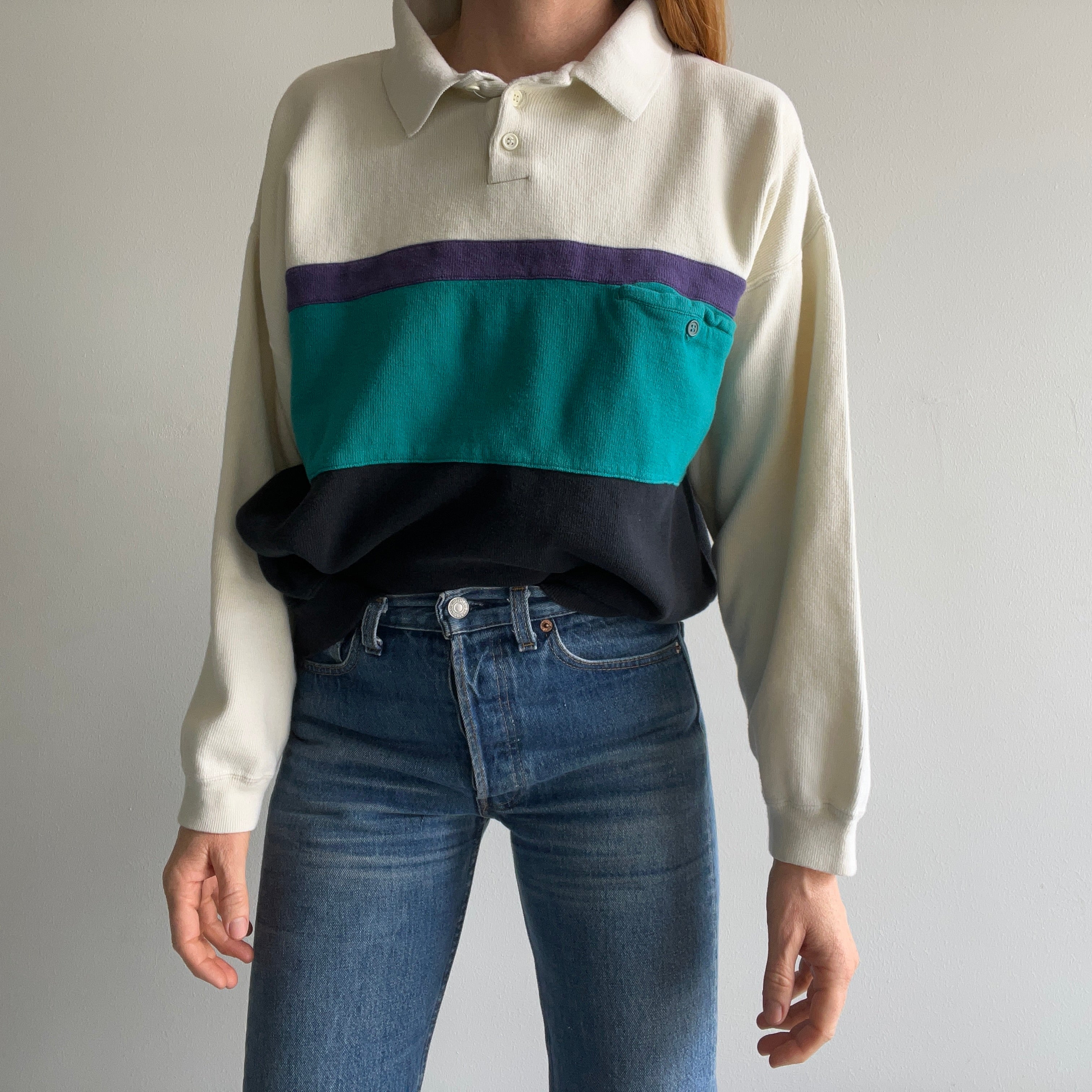 1990s !!!!!!!!!! Cotton Knit Collared Color Block Sweater/Sweatshirt