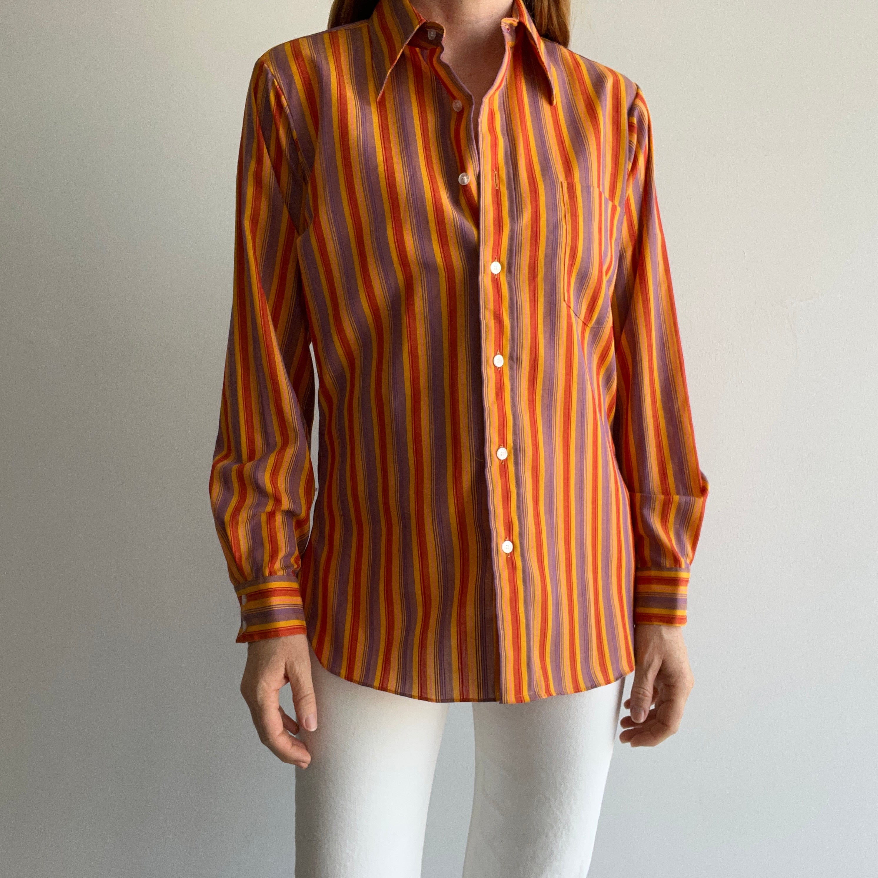 1970s Orange Vertical Stipe Button Up Blouse/Shirt - WOW