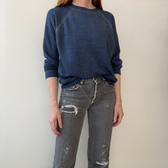 1970s Contrast Stitch Heather Blue Destroyed Raglan Sweatshirt