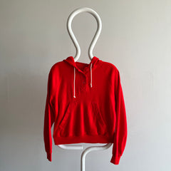 1980s Bright Red Henley Style Hoodie