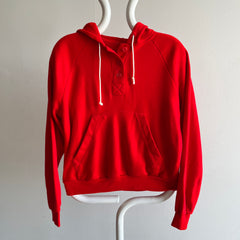 1980s Bright Red Henley Style Hoodie