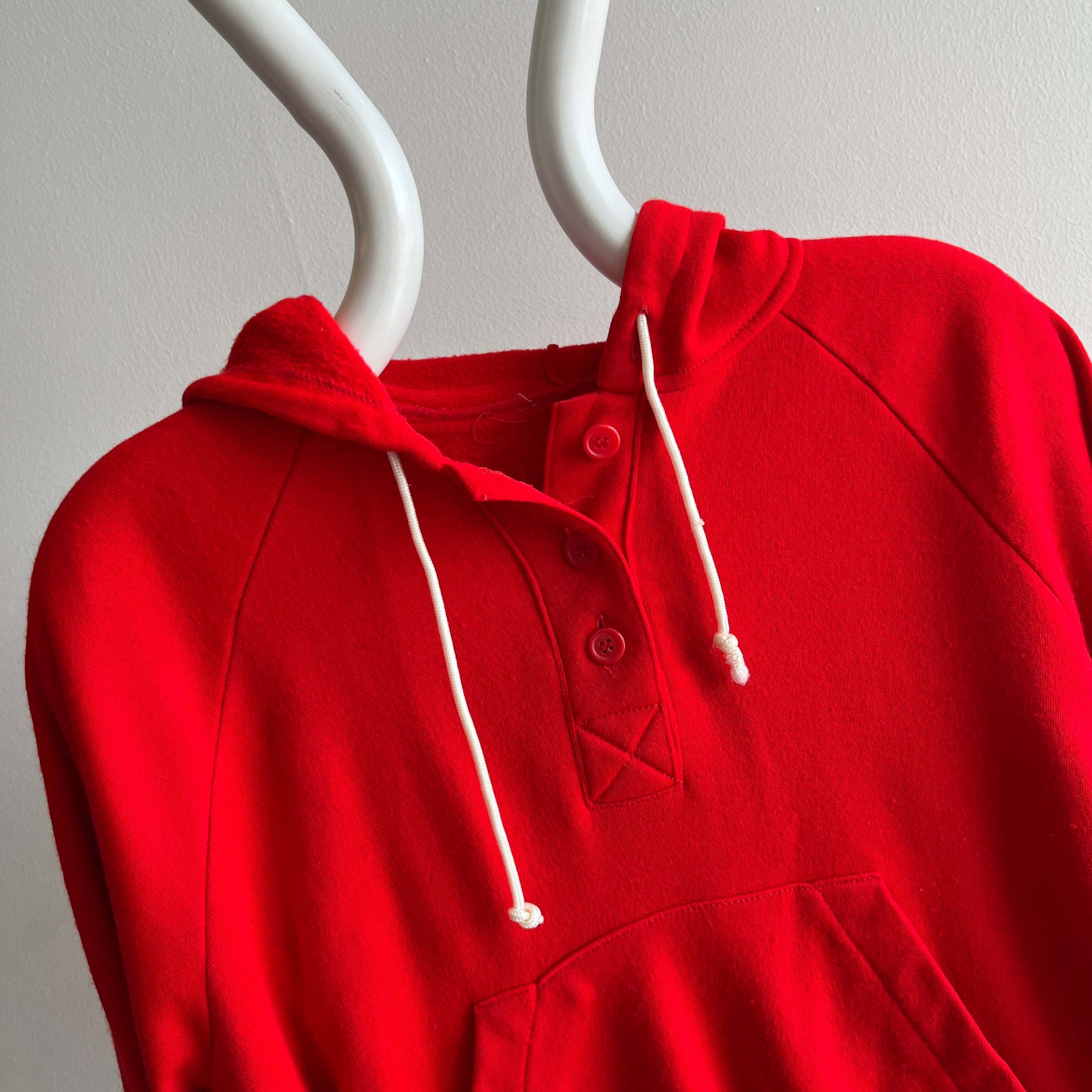 1980s Bright Red Henley Style Hoodie