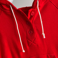 1980s Bright Red Henley Style Hoodie