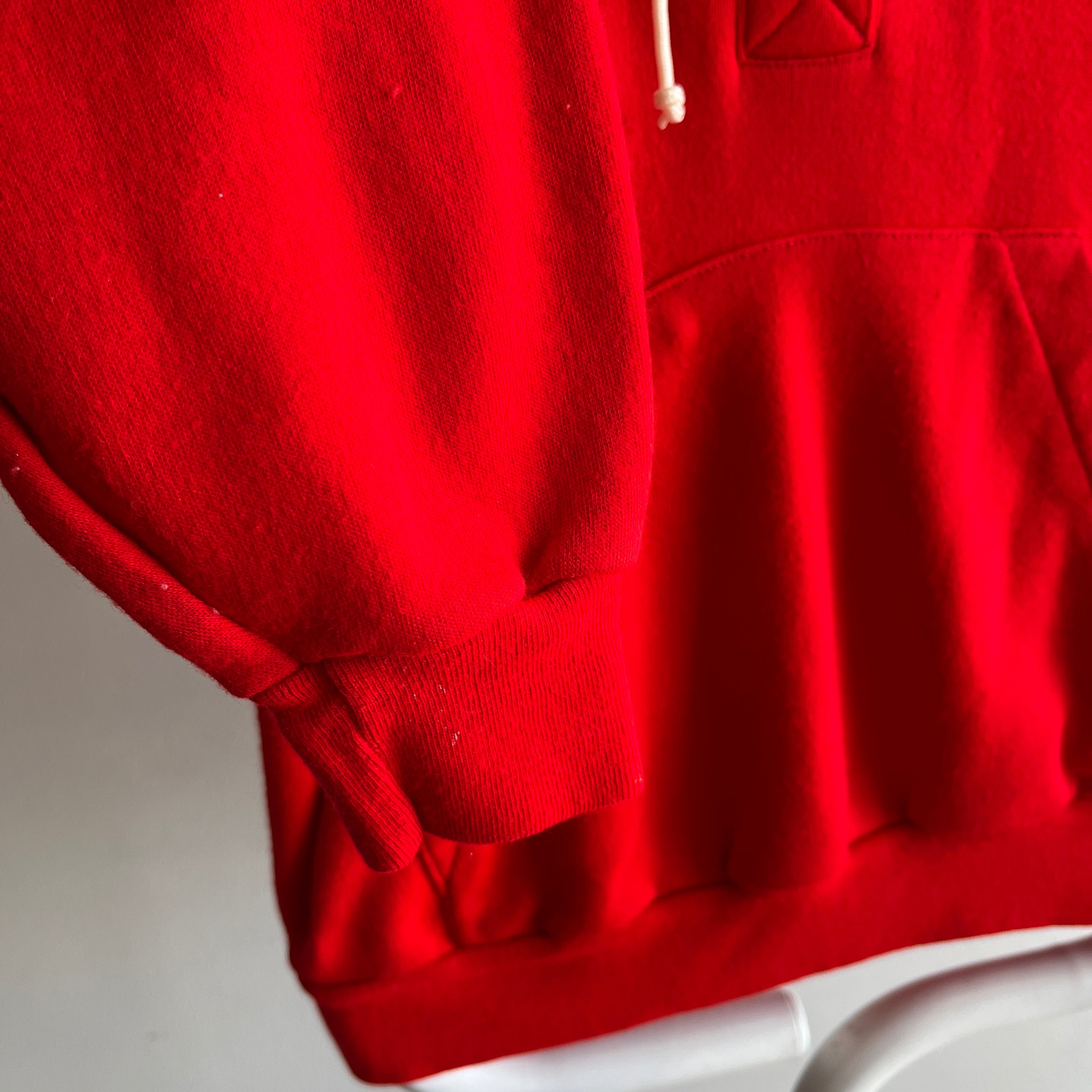 1980s Bright Red Henley Style Hoodie