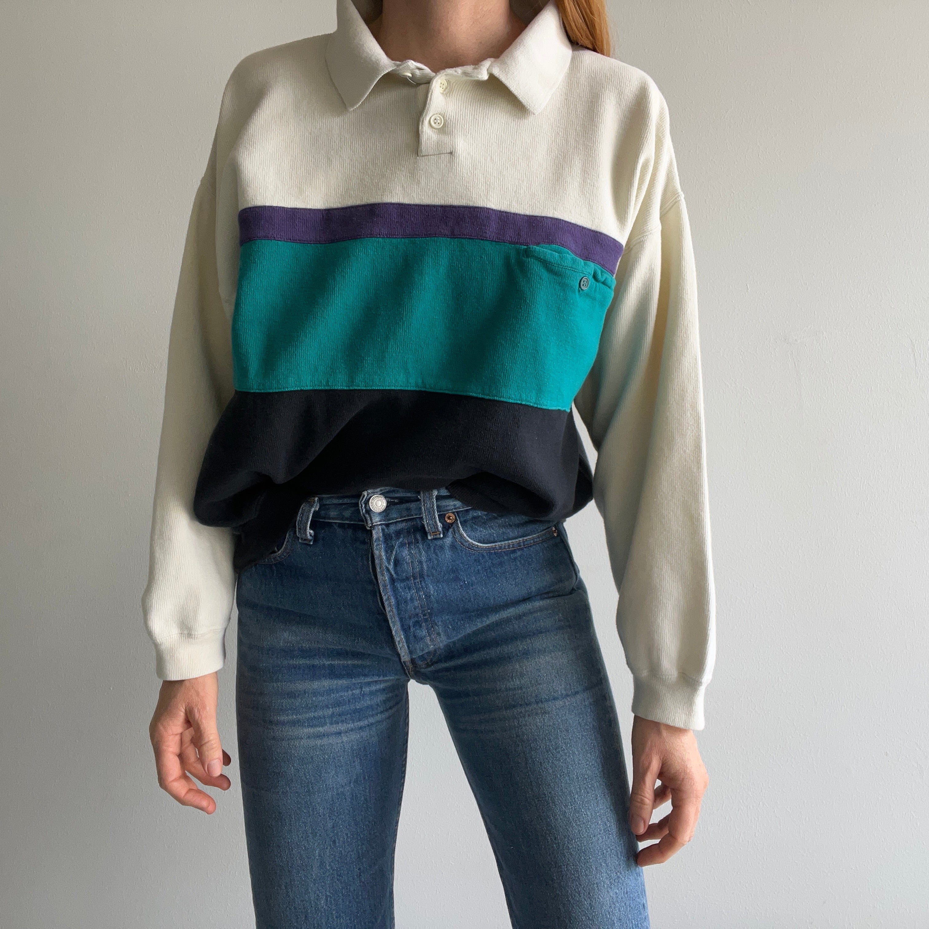 1990s !!!!!!!!!! Cotton Knit Collared Color Block Sweater/Sweatshirt
