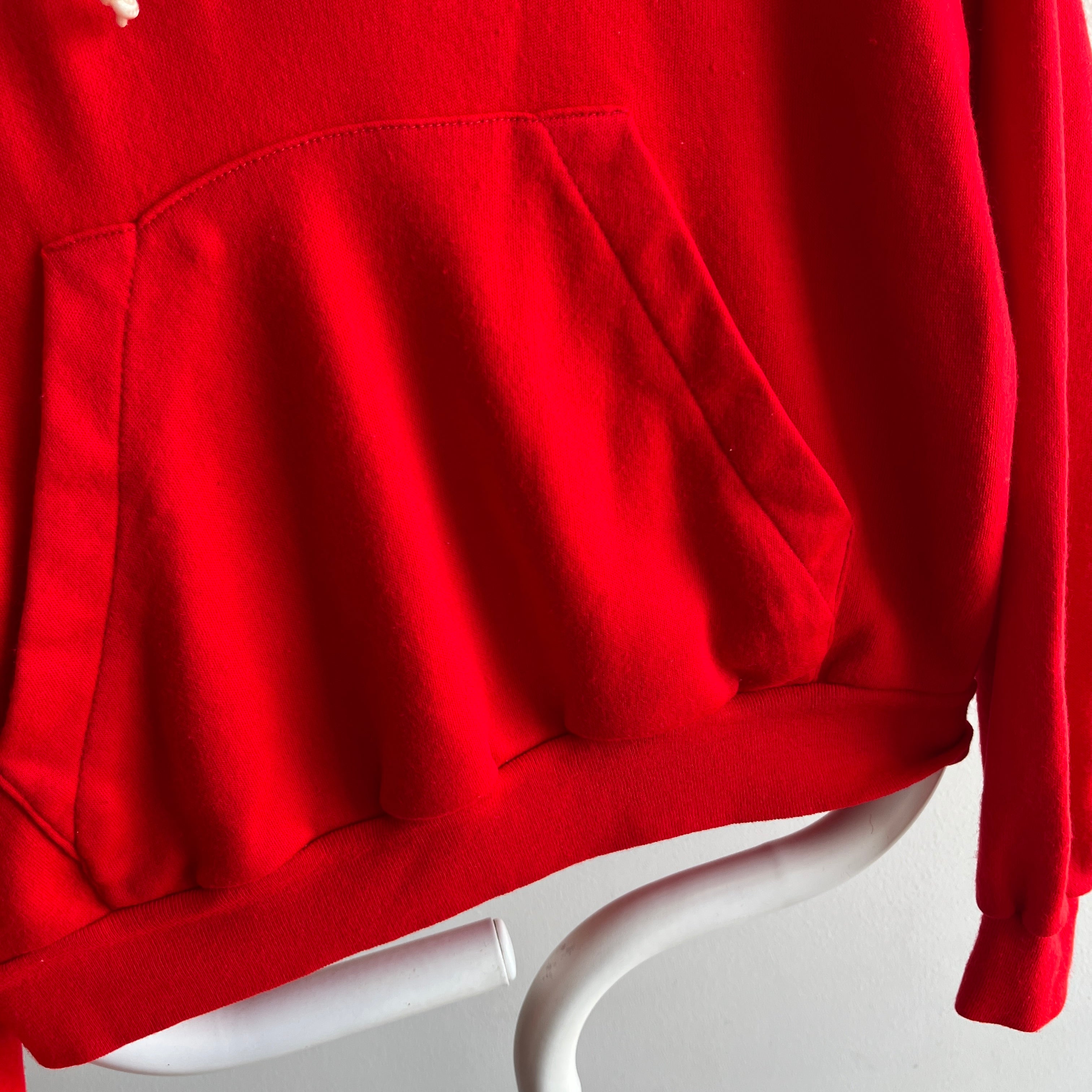 1980s Bright Red Henley Style Hoodie