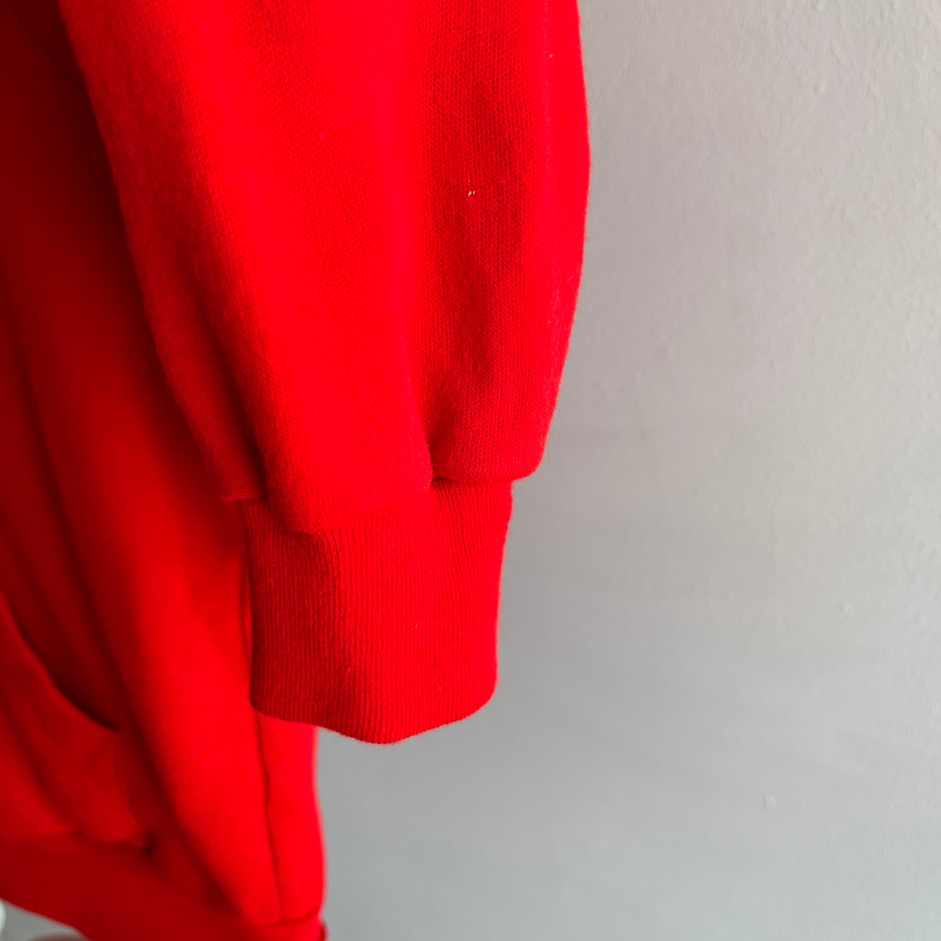 1980s Bright Red Henley Style Hoodie