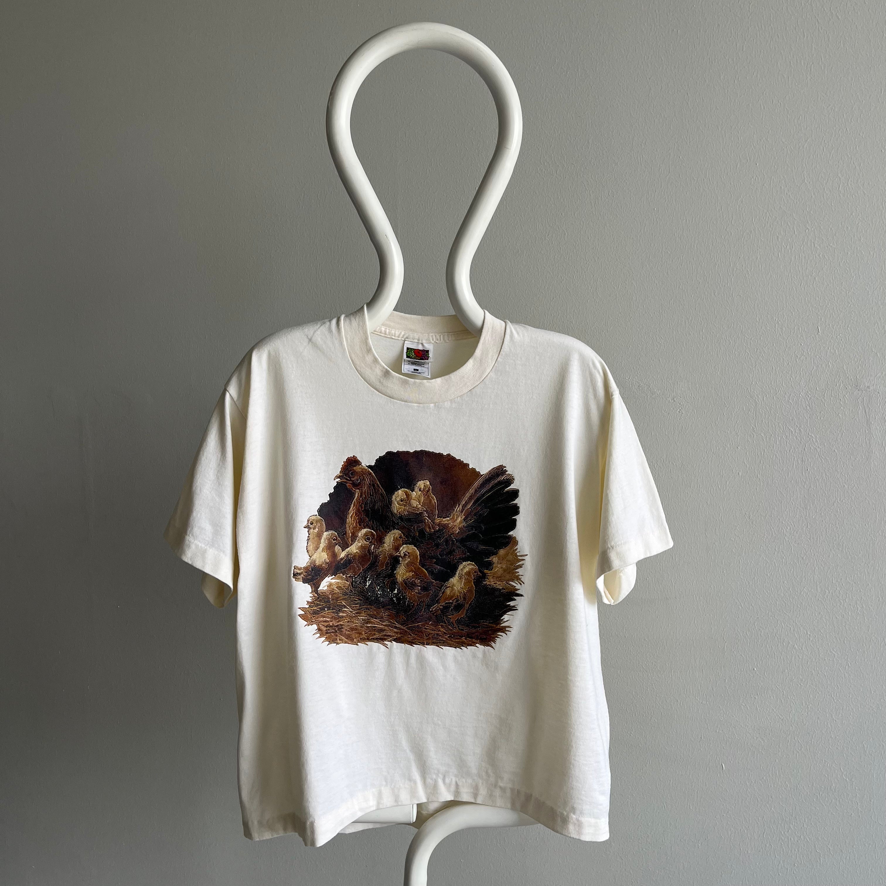 1990s Mother Hen and Her Chicks on a DIY Cropped Cotton T-Shirt