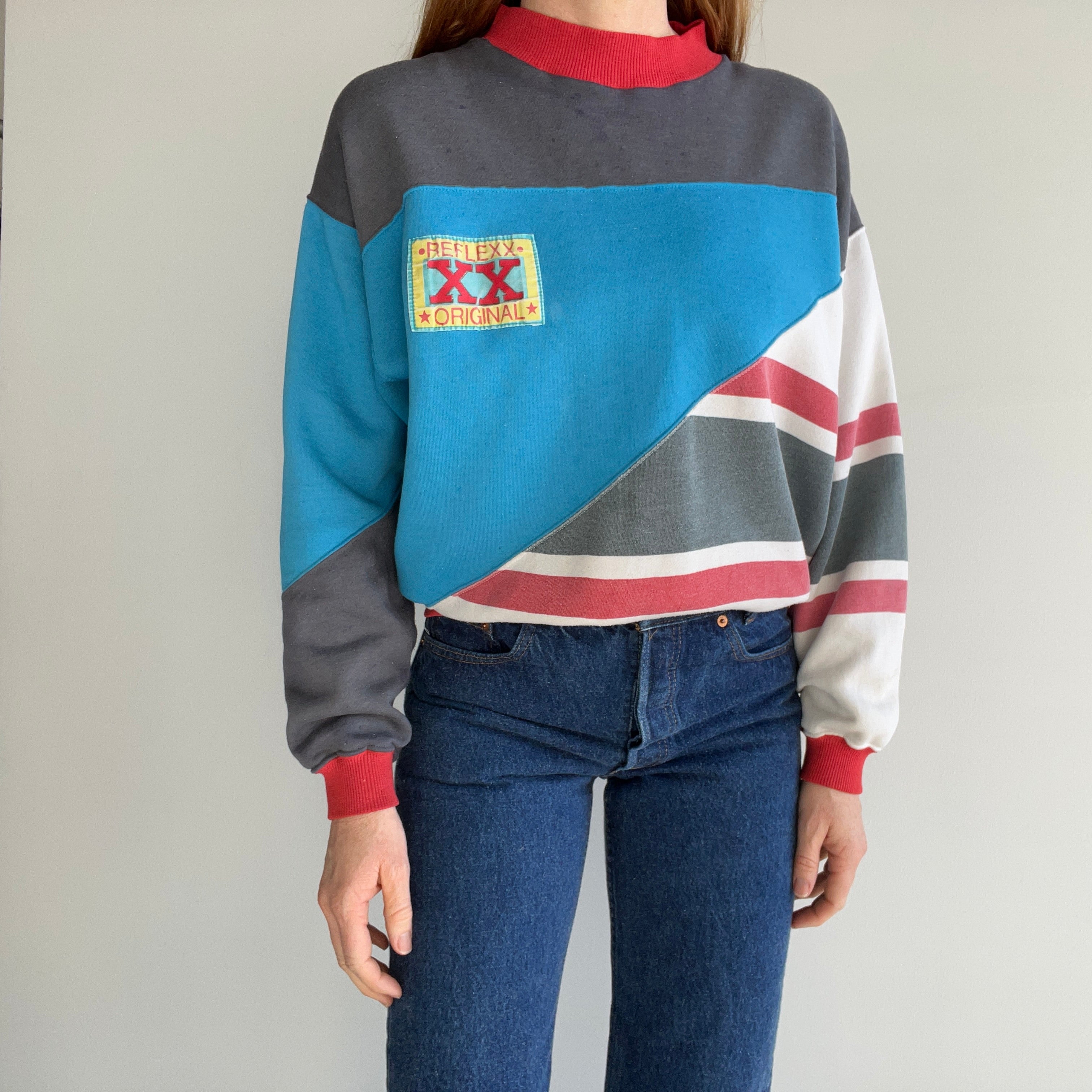 1980/90s Really Random Color Block Sweatshirt with a Fuzzy 