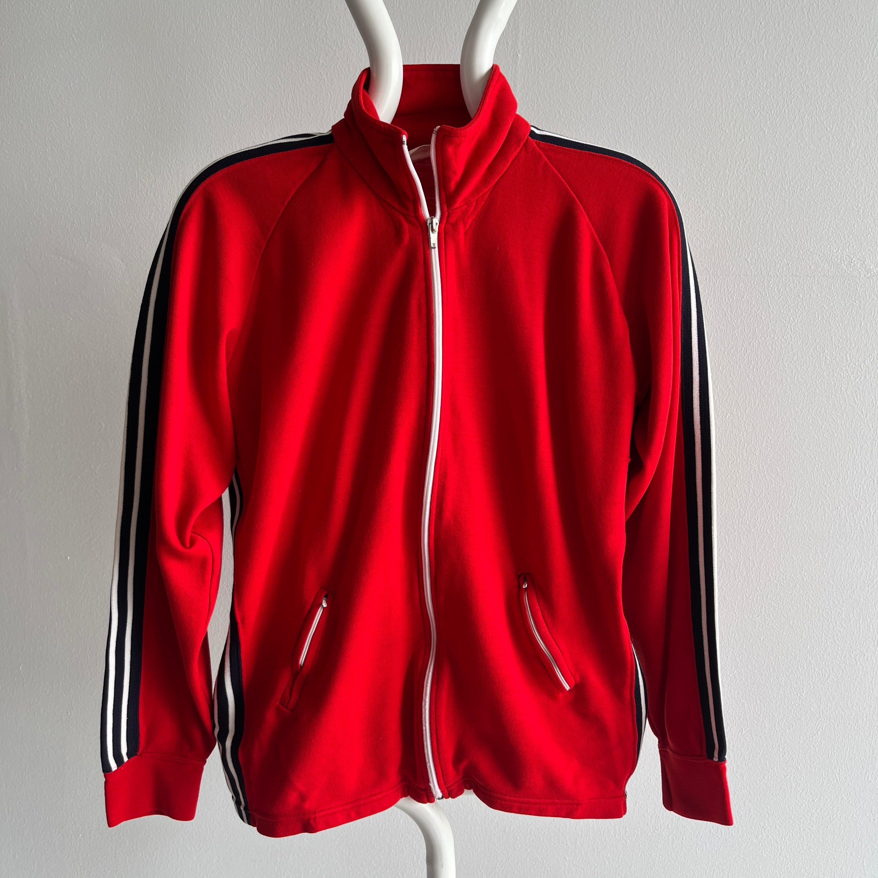 1970s Red Side Striped Zip Up Sweatshirt/Tracksuit Jacket