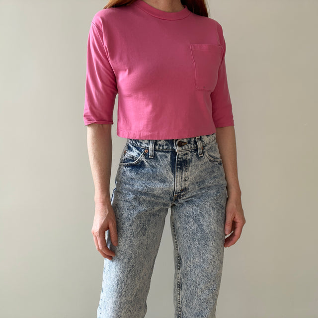 1980s Cropped Bubblegum Pink Tapered 1/2 Sleeve T-Shirt with Some Faint Staining and Wear