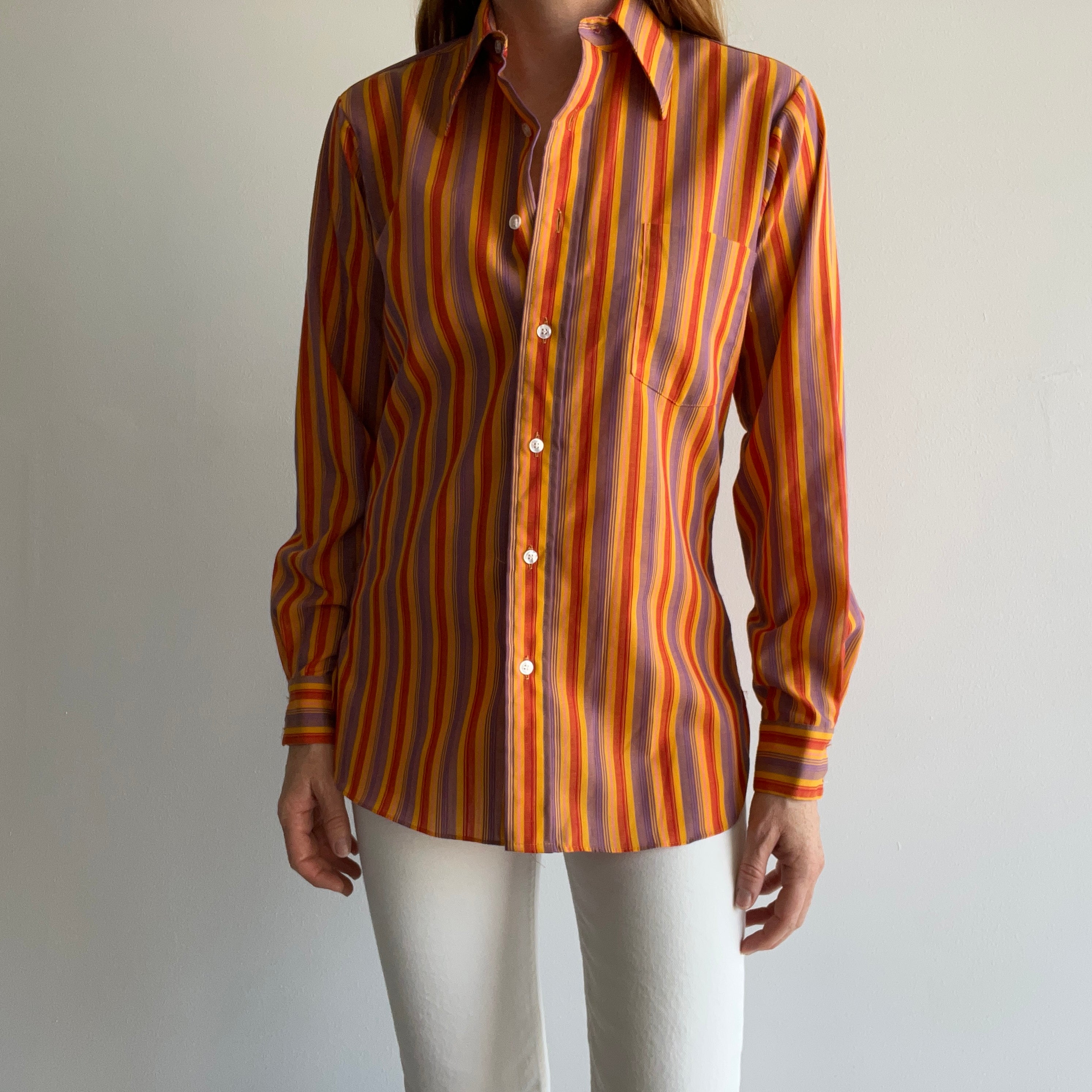 1970s Orange Vertical Stipe Button Up Blouse/Shirt - WOW