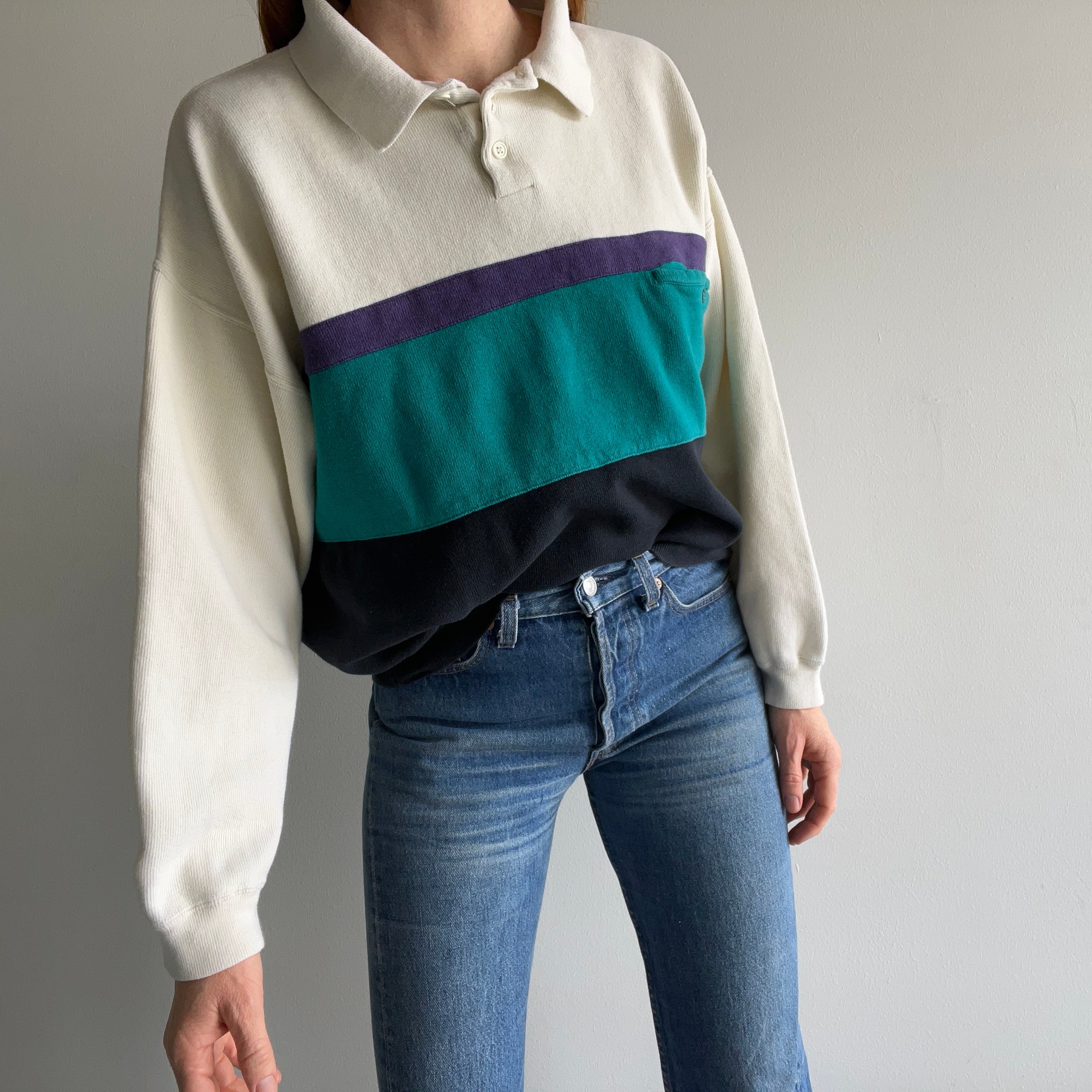 1990s !!!!!!!!!! Cotton Knit Collared Color Block Sweater/Sweatshirt