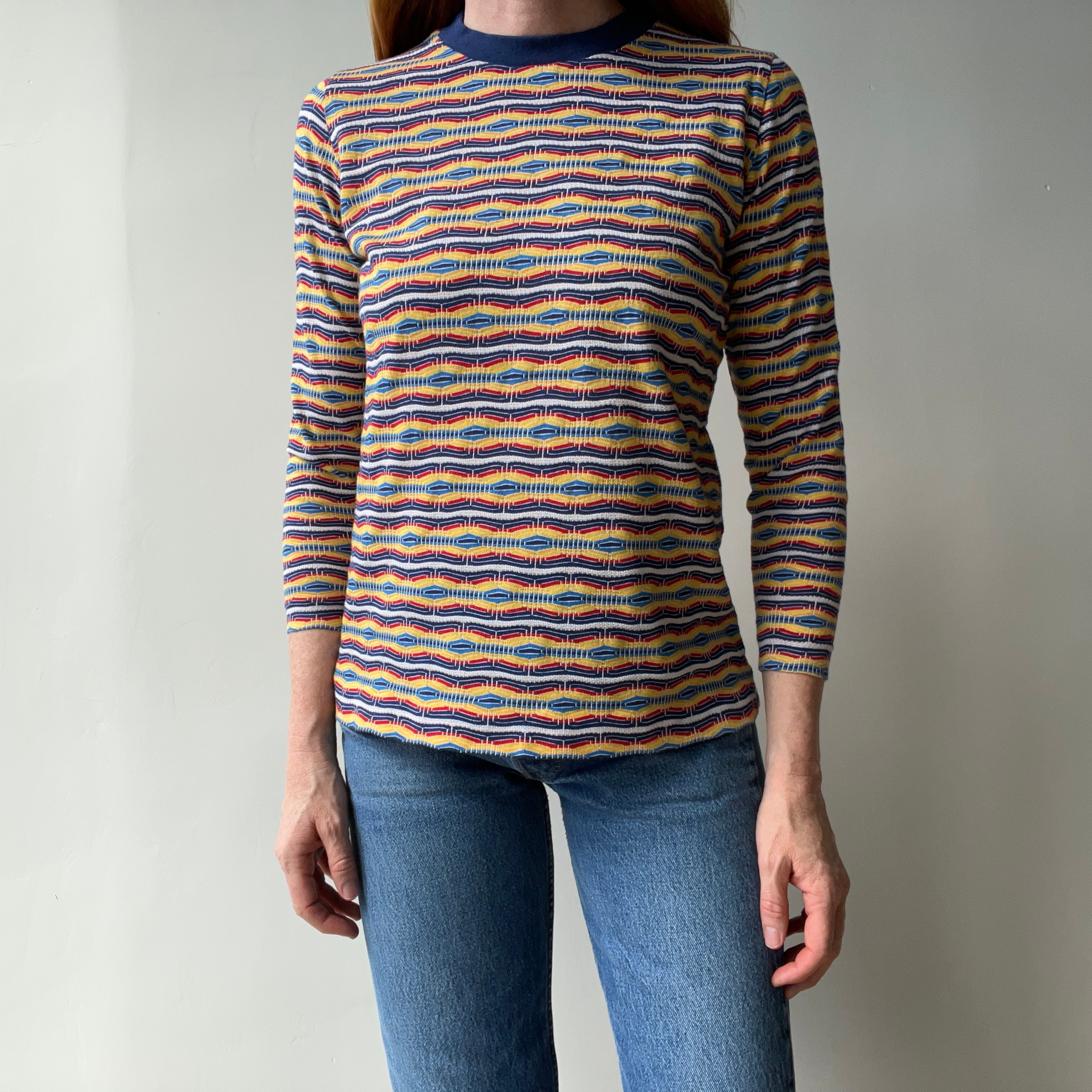 1970s Striped Long Sleeve Not Stretchy T-Shirt