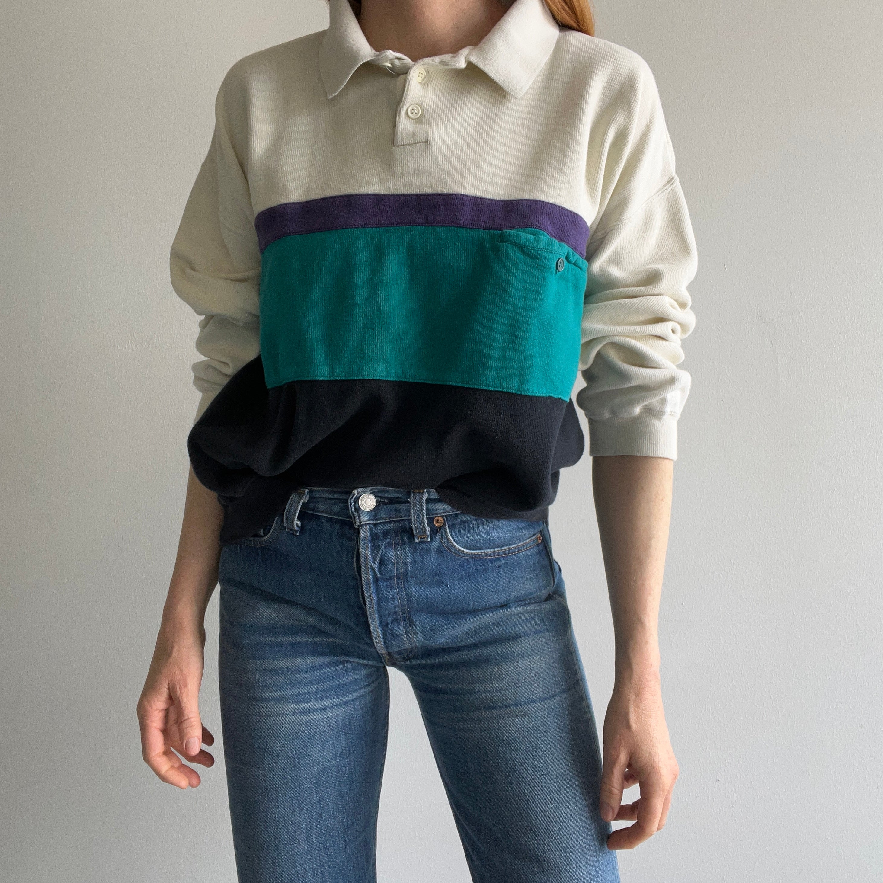 1990s !!!!!!!!!! Cotton Knit Collared Color Block Sweater/Sweatshirt