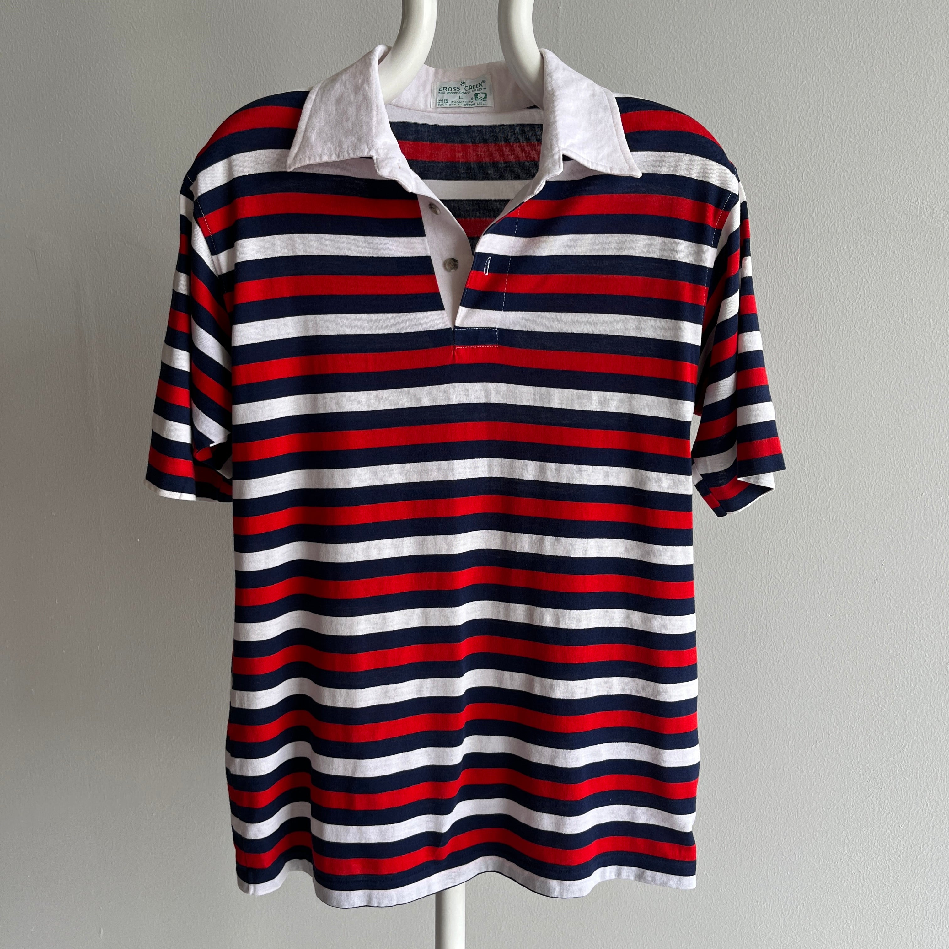 1970/80s Red, White and Blue Striped Polo Shirt