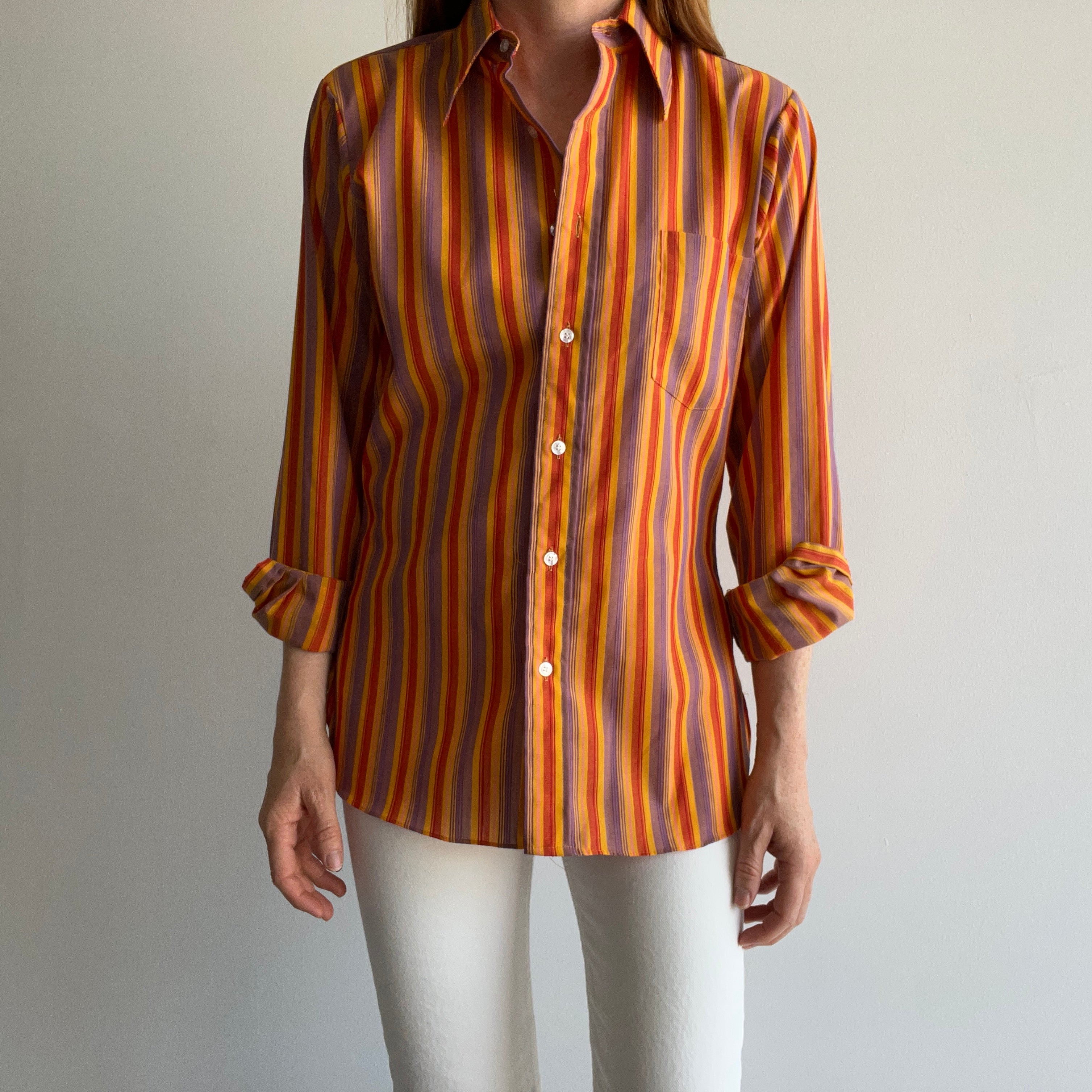 1970s Orange Vertical Stipe Button Up Blouse/Shirt - WOW