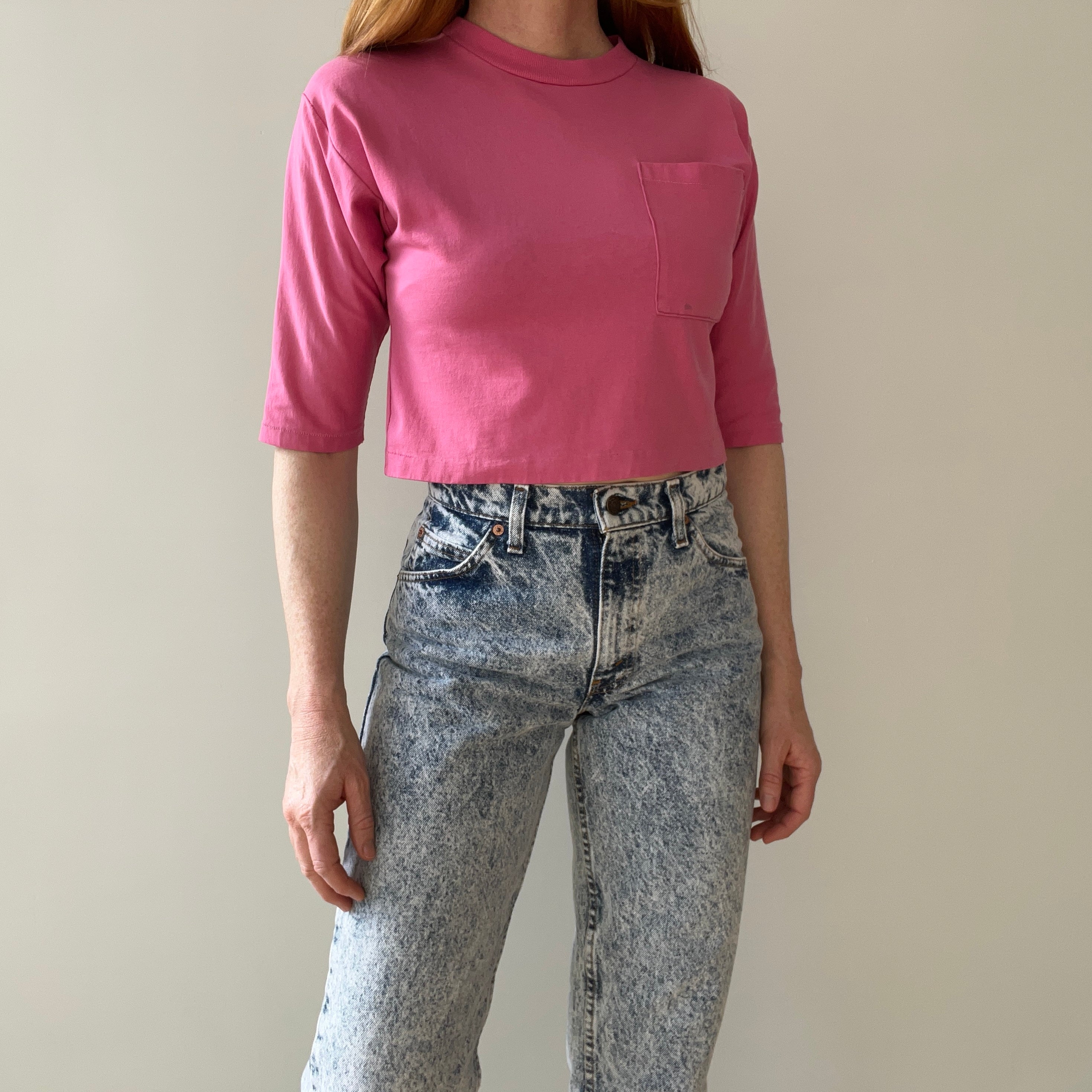 1980s Cropped Bubblegum Pink Tapered 1/2 Sleeve T-Shirt with Some Faint Staining and Wear