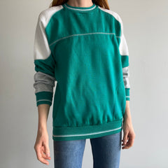 1980s Teal, White and Gray Color Block Sweatshirt