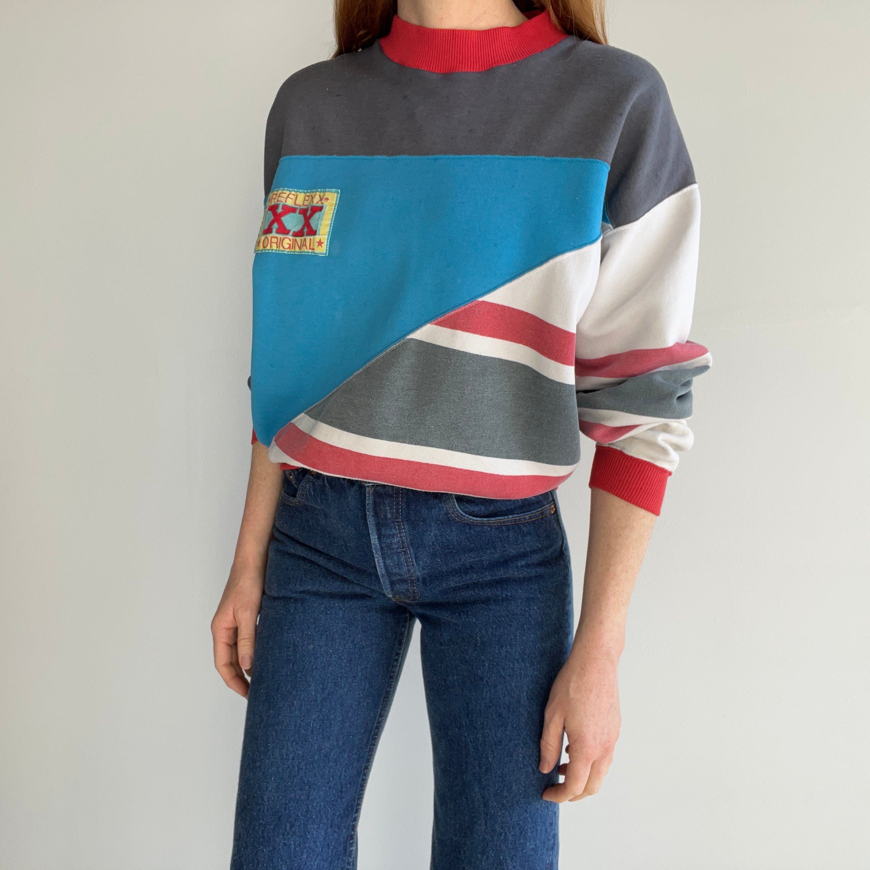 1980/90s Really Random Color Block Sweatshirt with a Fuzzy 