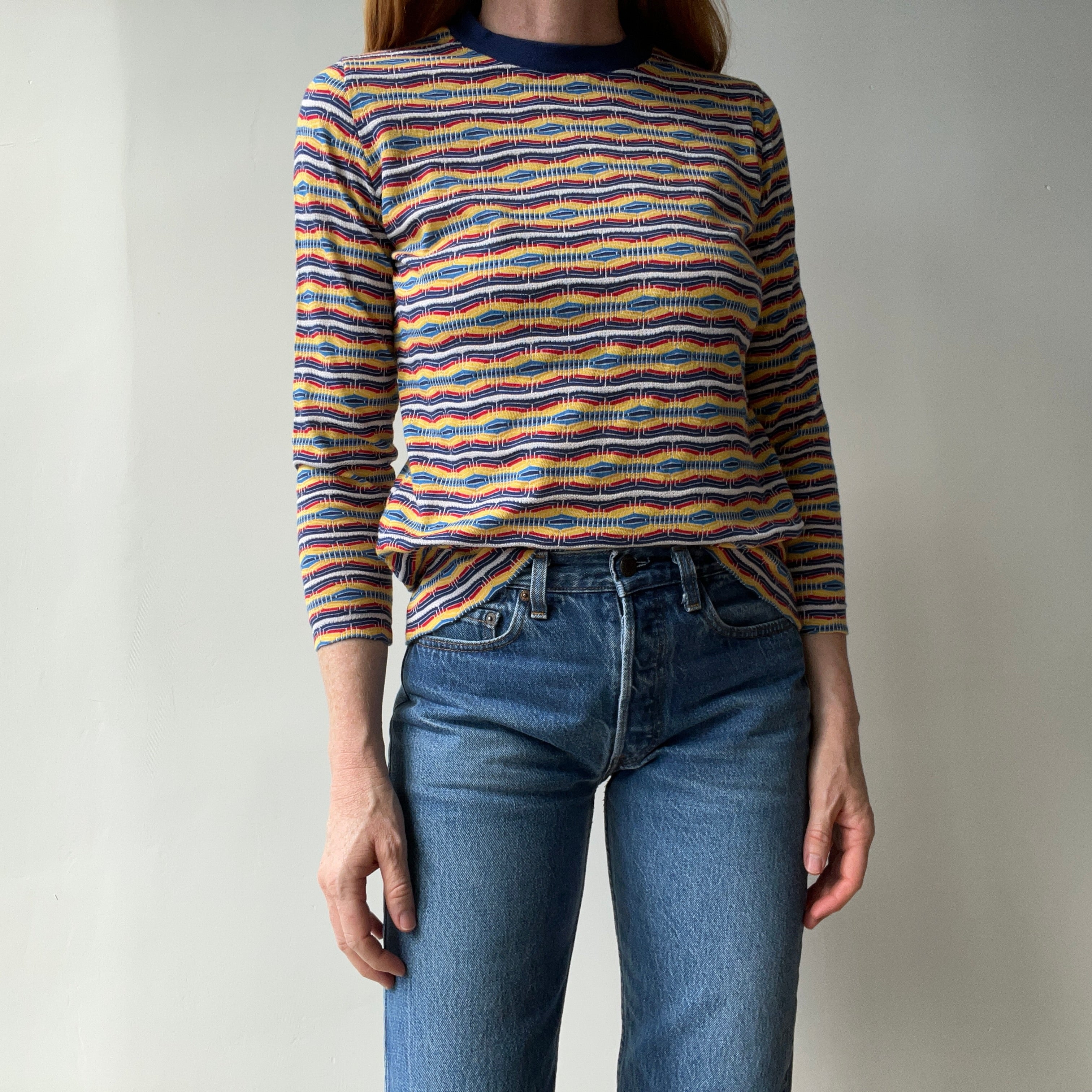 1970s Striped Long Sleeve Not Stretchy T-Shirt