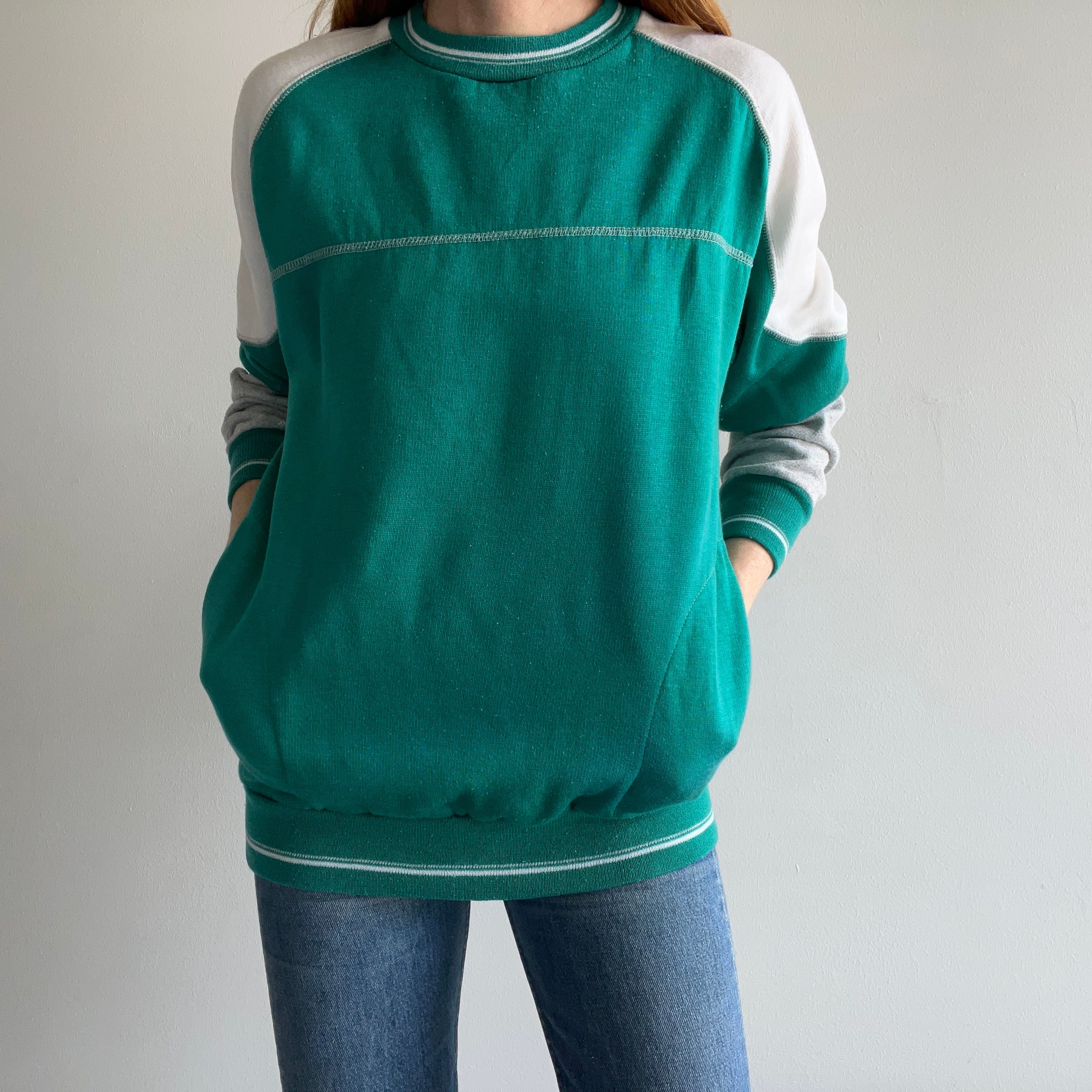 1980s Teal, White and Gray Color Block Sweatshirt