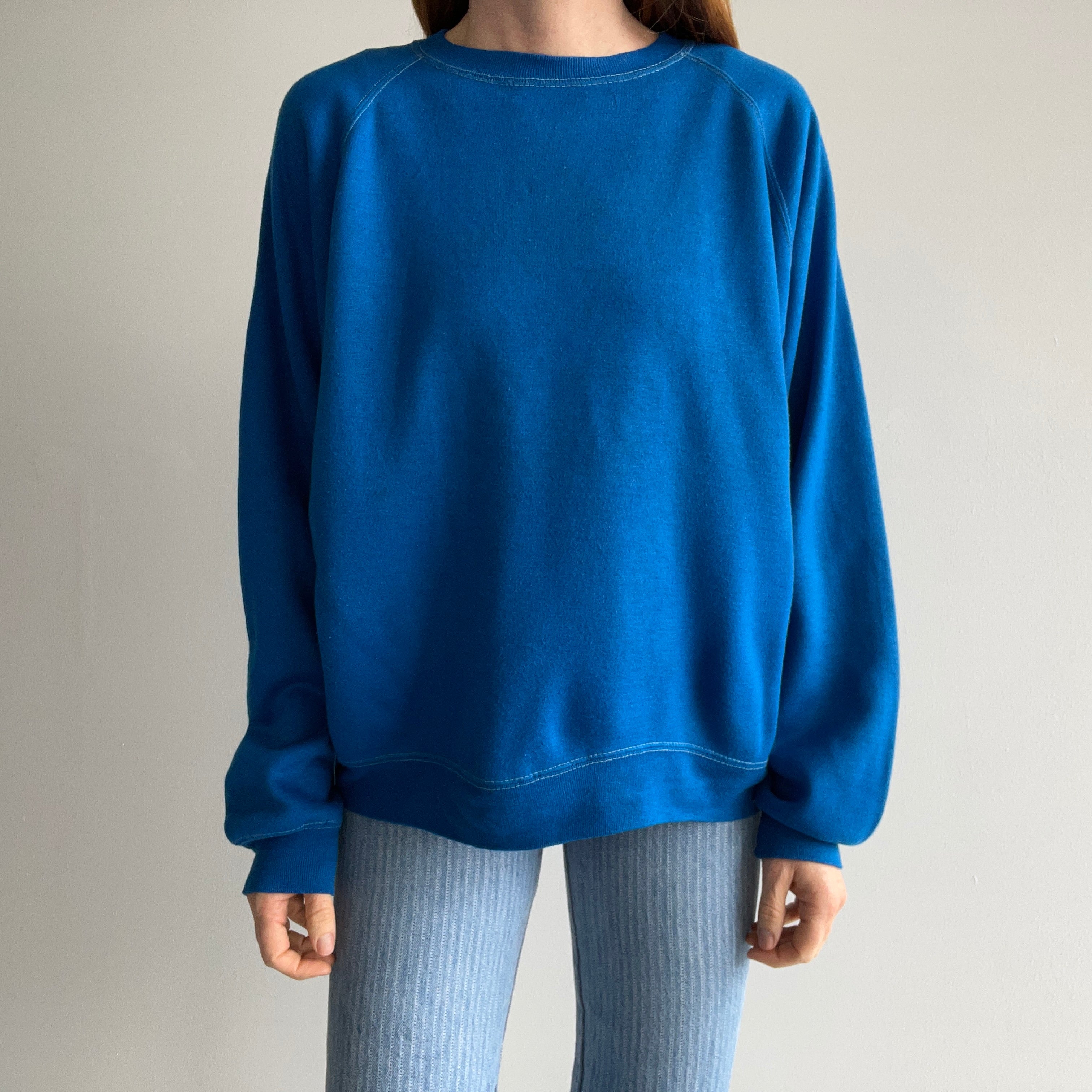 1970s Super Slouchy and Awesome Vibrant Blue Sweatshirt with Contrast Stitching