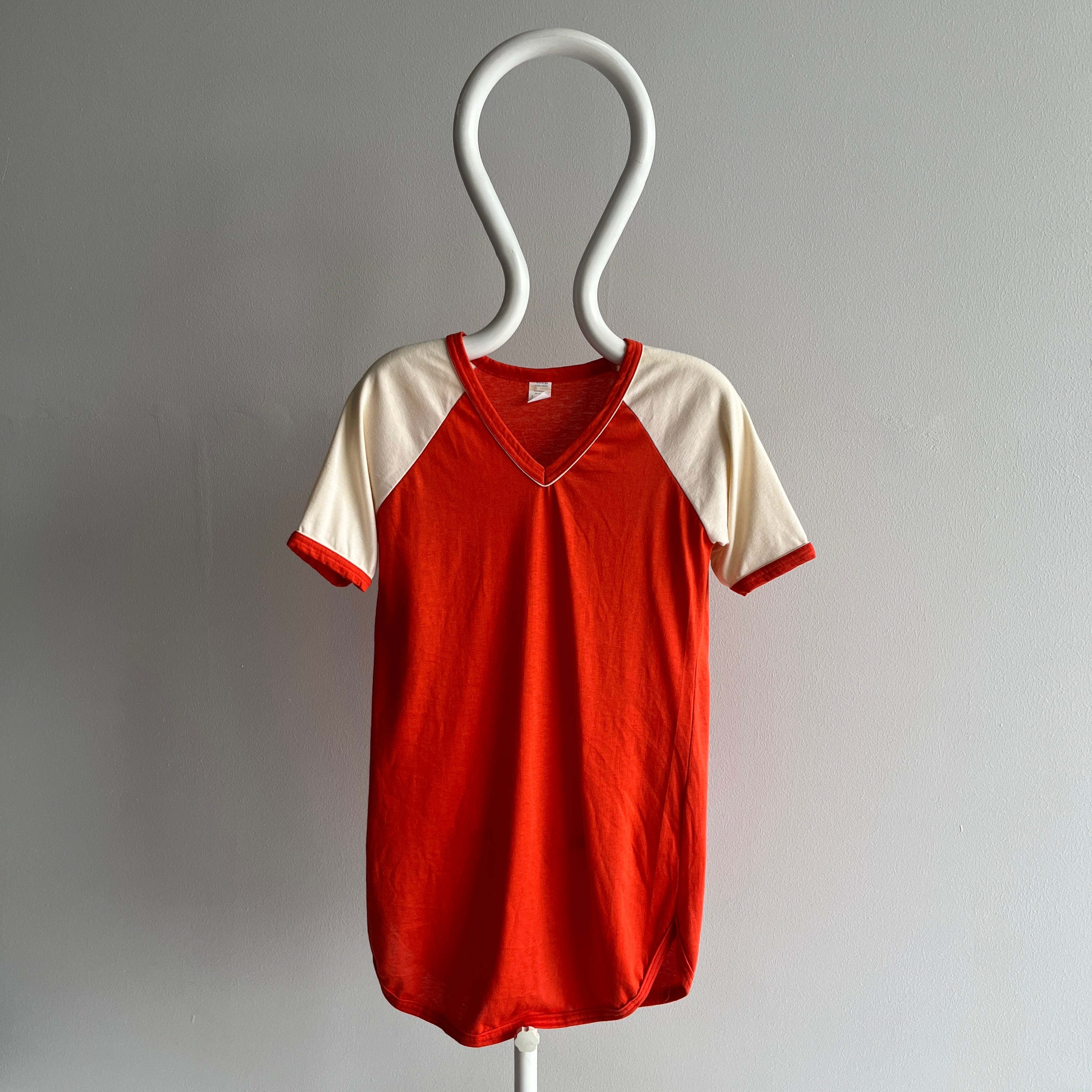 1970s Longer Two Toned V-Neck Baseball Ring T-Shirt/Mini Dress??