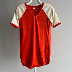 1970s Longer Two Toned V-Neck Baseball Ring T-Shirt/Mini Dress??