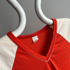 1970s Longer Two Toned V-Neck Baseball Ring T-Shirt/Mini Dress??