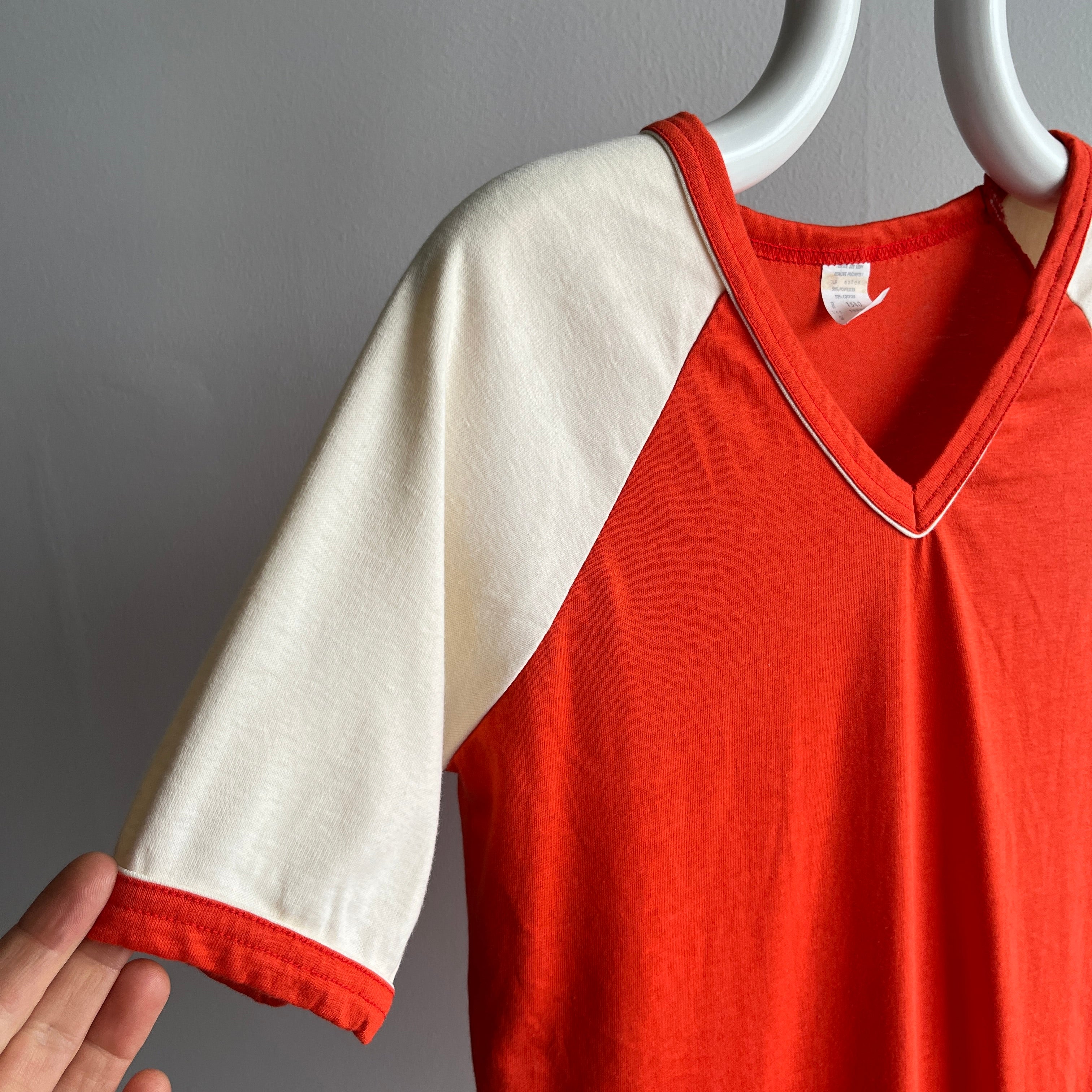 1970s Longer Two Toned V-Neck Baseball Ring T-Shirt/Mini Dress??