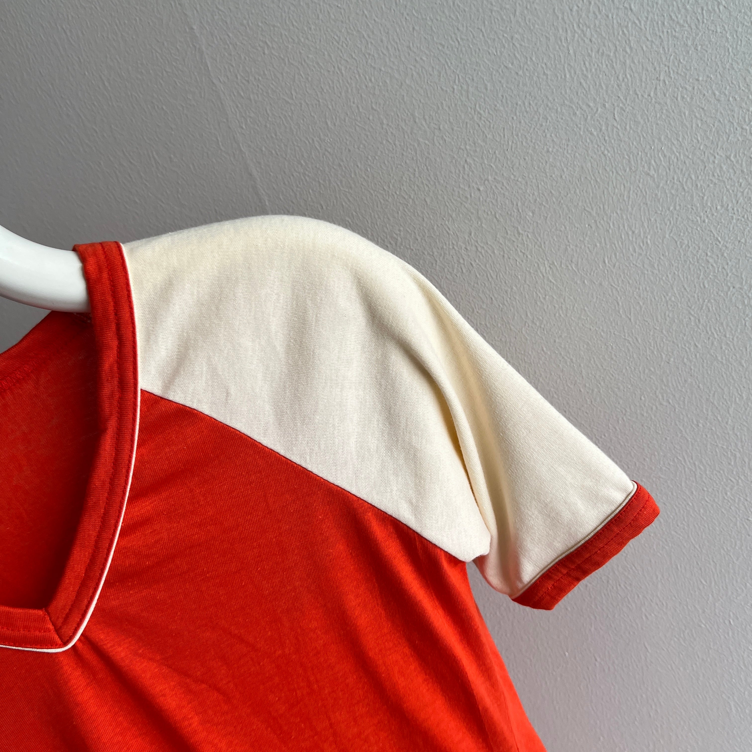 1970s Longer Two Toned V-Neck Baseball Ring T-Shirt/Mini Dress??