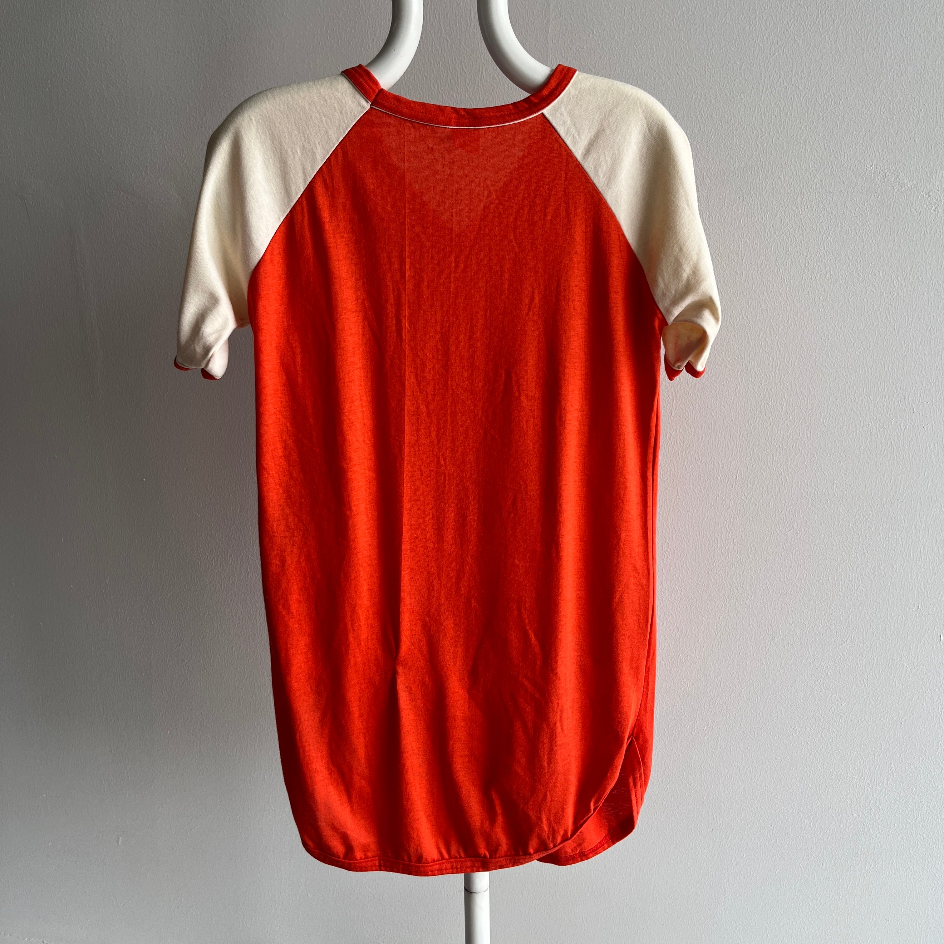 1970s Longer Two Toned V-Neck Baseball Ring T-Shirt/Mini Dress??