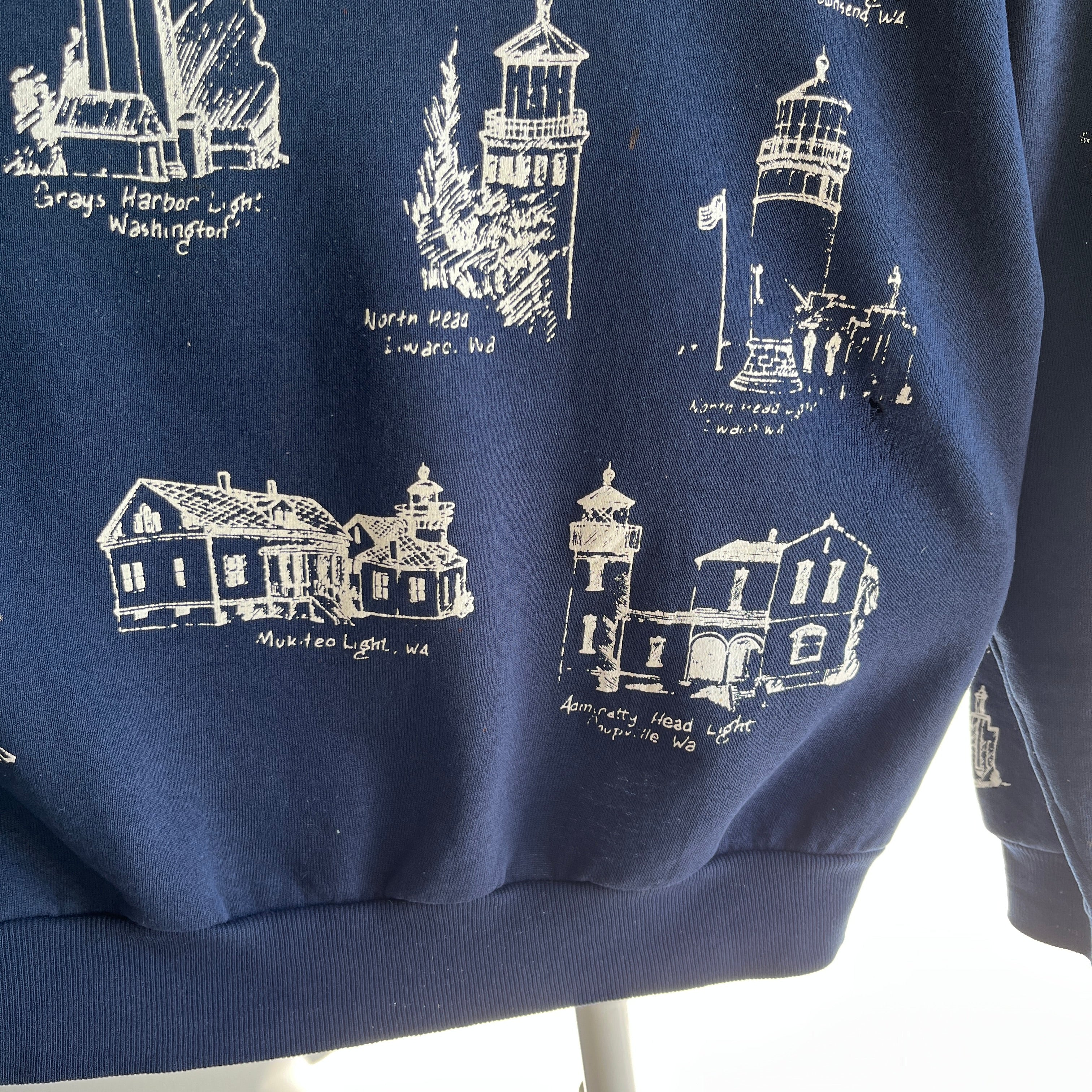 1980/90s Washington Lighthouses Thinned Out Tattered Torn and Shredded Sweatshirt - WOW