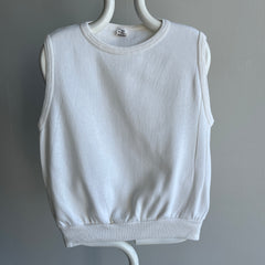 1970s Blank White Warm Up Sweatshirt Vest with Mending