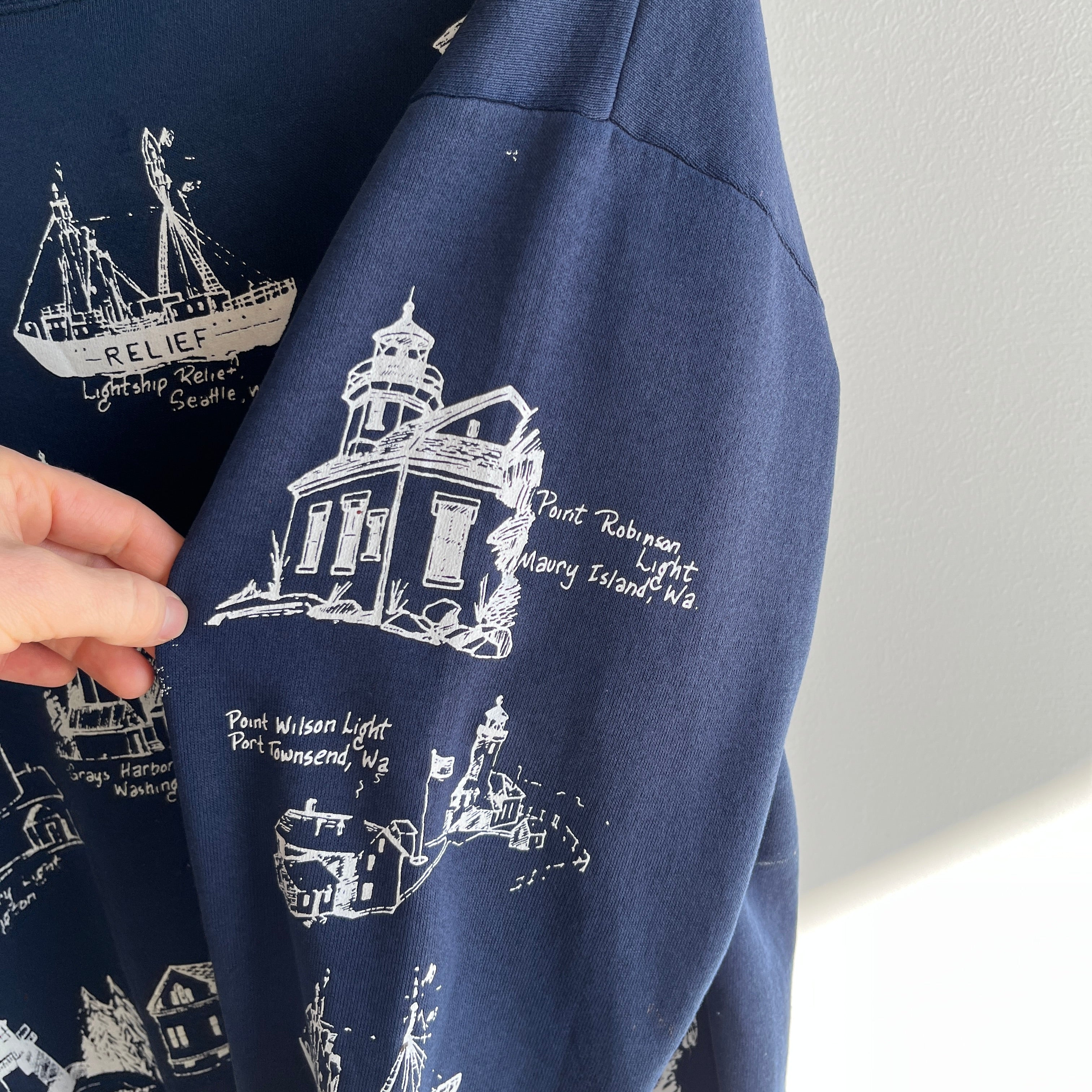 1980/90s Washington Lighthouses Thinned Out Tattered Torn and Shredded Sweatshirt - WOW
