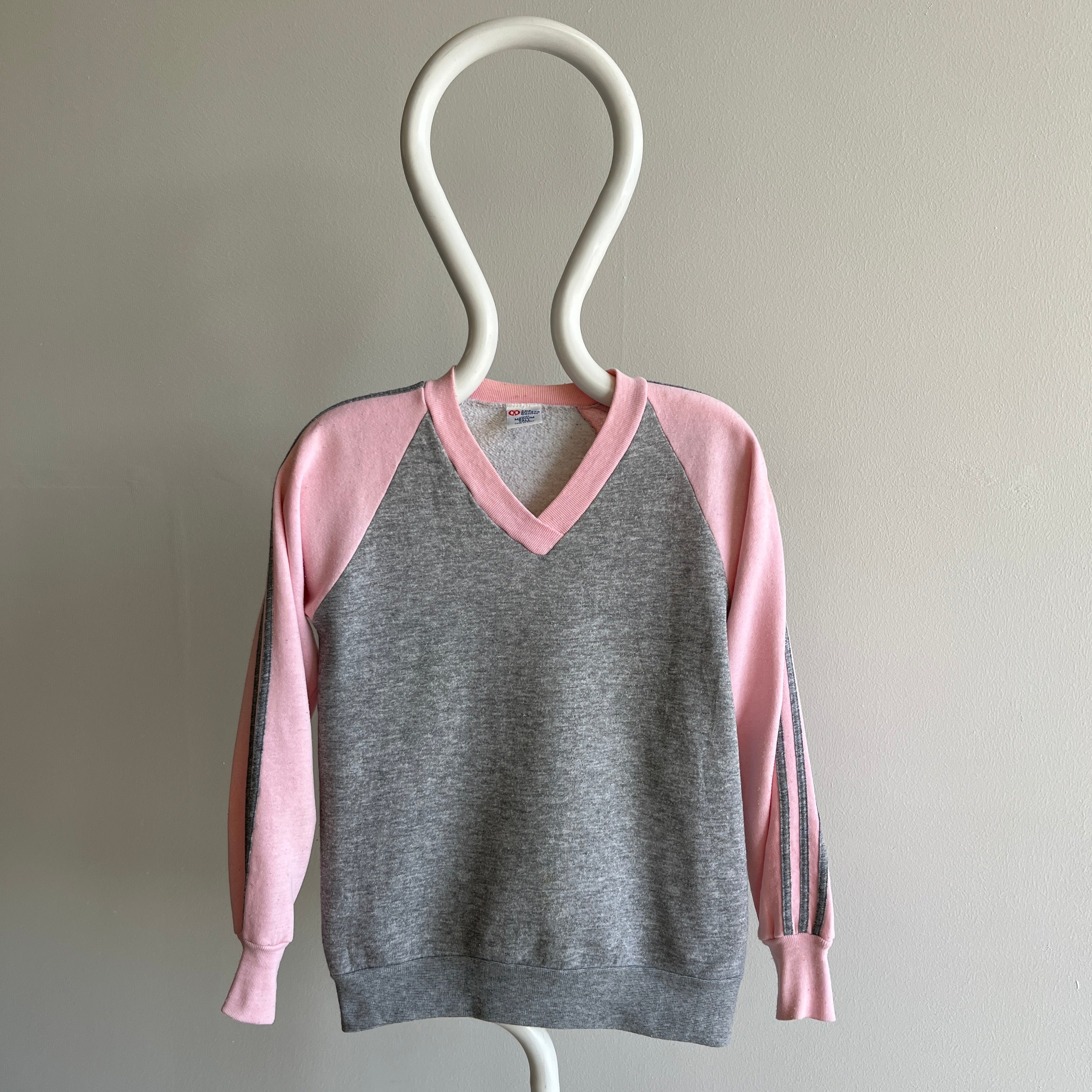 1980s Two Tone V-Neck Sweatshirt with Triple Stripes