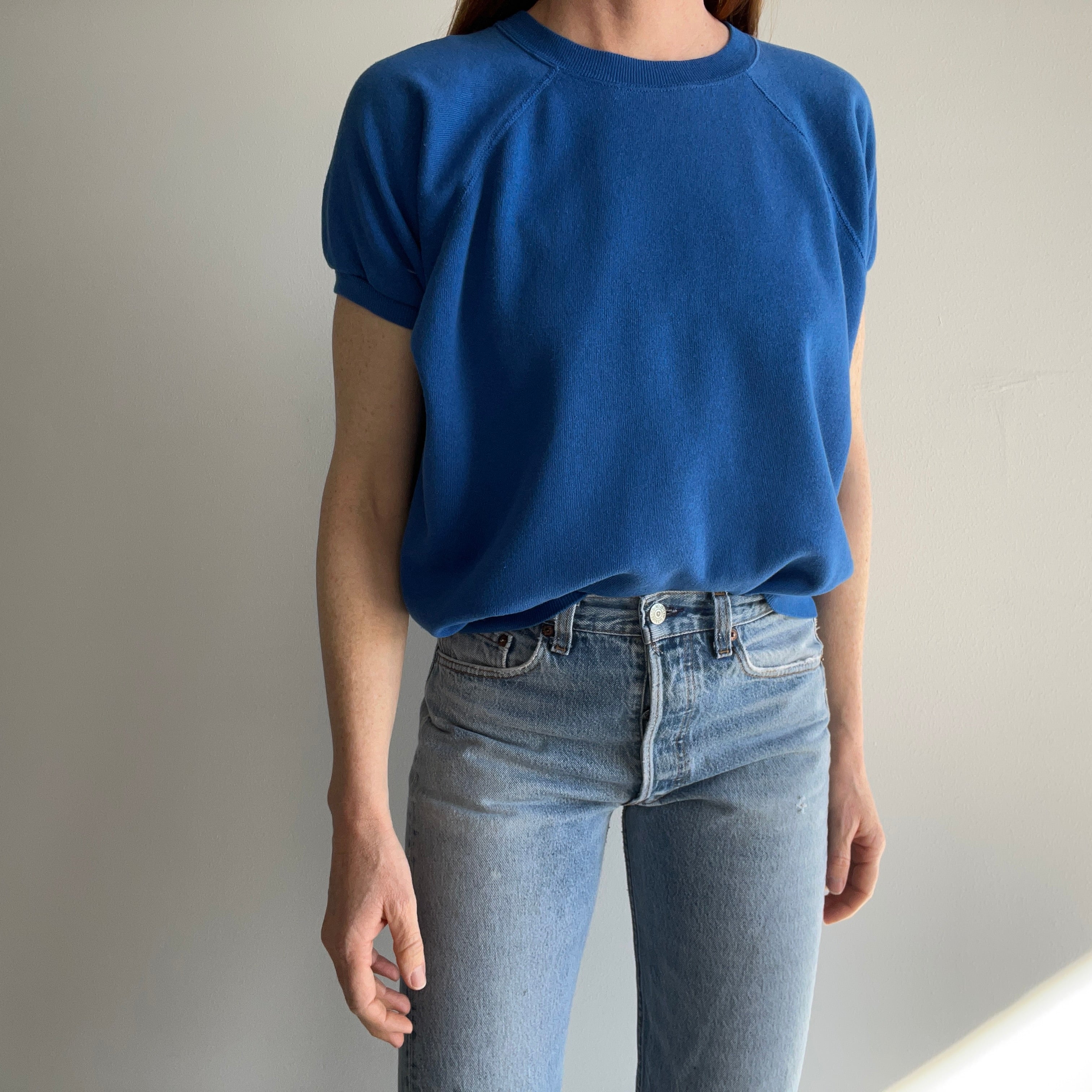 1980s Blank Blue Shorter Sleeved Warm Up Sweatshirt - Great Shape