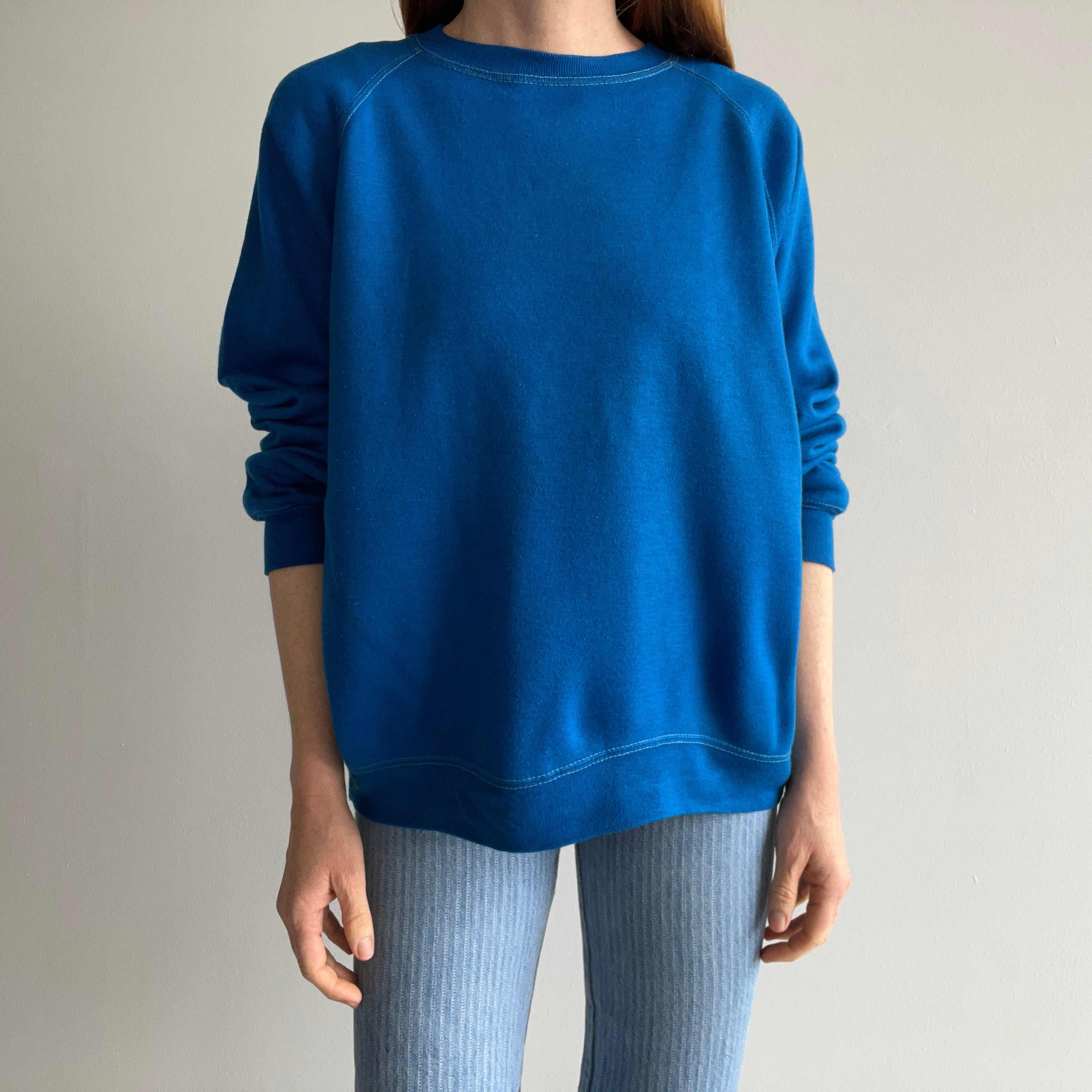 1970s Super Slouchy and Awesome Vibrant Blue Sweatshirt with Contrast Stitching