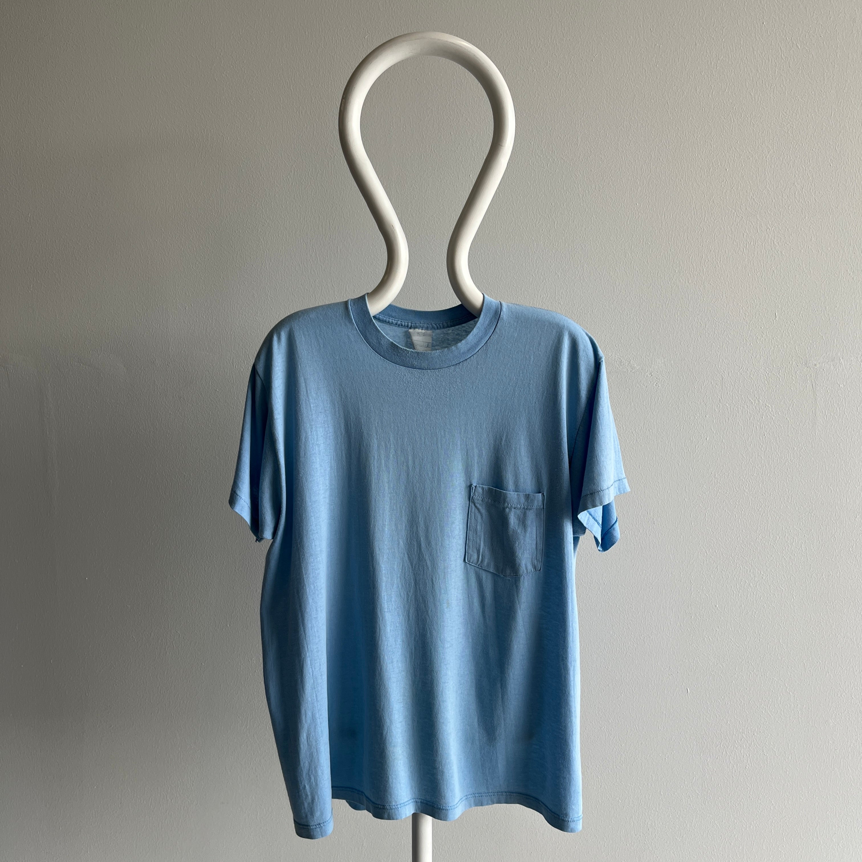 1980s Sky Baby Blue Super Thin, Stained and Slouchy T-Shirt