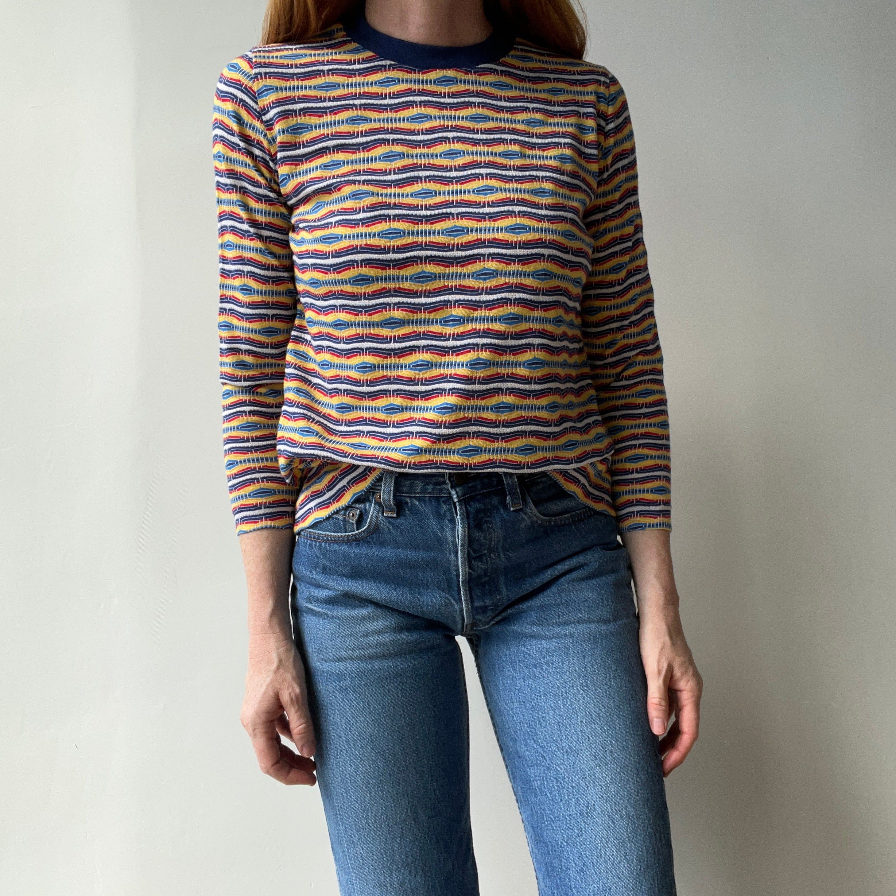 1970s Striped Long Sleeve Not Stretchy T-Shirt